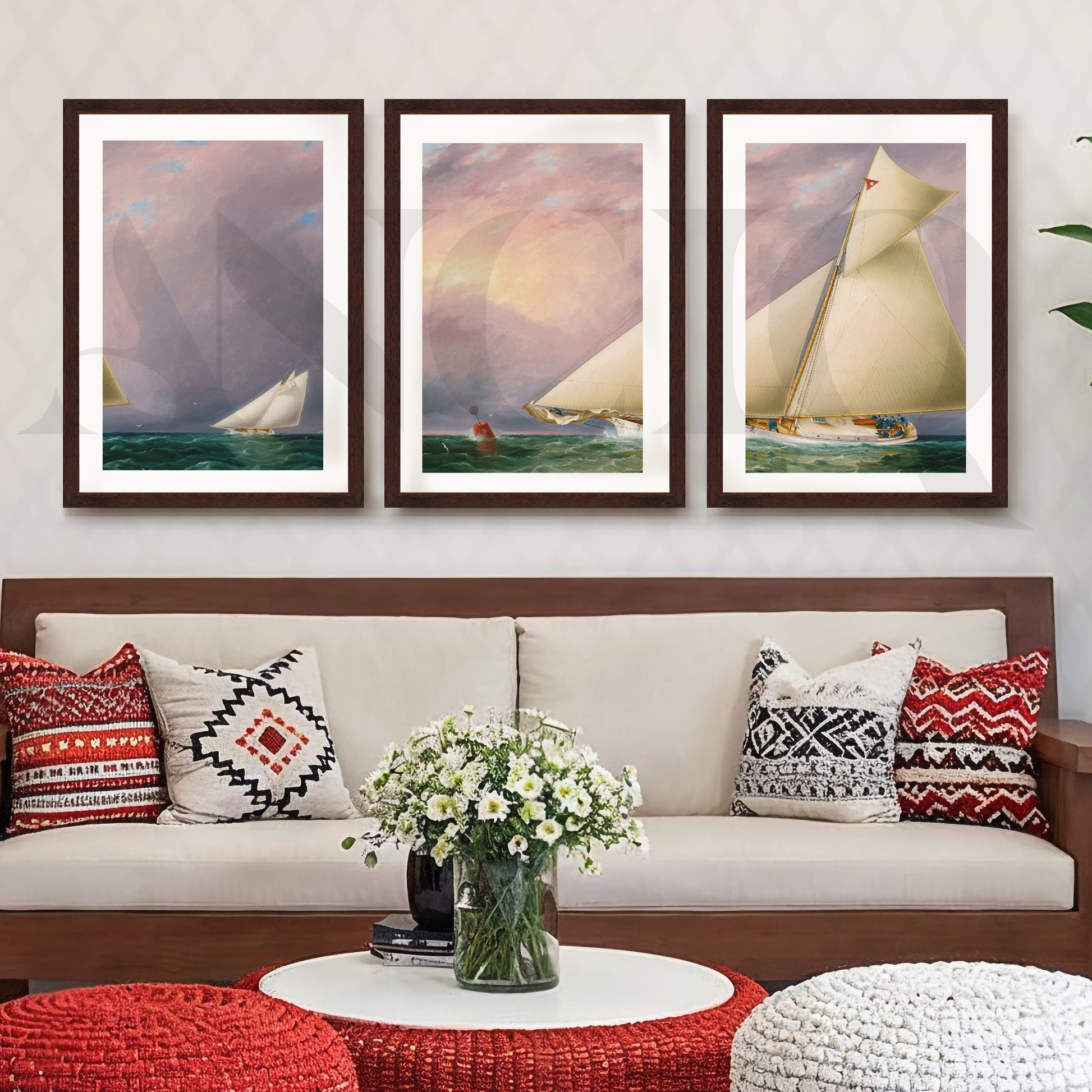 Classic Sailing Regatta Gallery Wall – Set of 3 Nautical Artworks - 18 x 24 Inches for Living Room