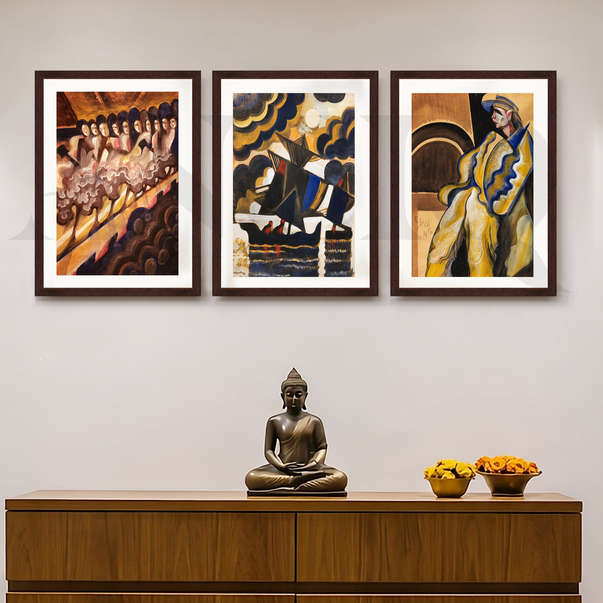 Vintage Avant-Garde Narrative Gallery Wall – Set of 3 Expressionist Artworks - 18 x 24 Inches for Entryway/Hallway