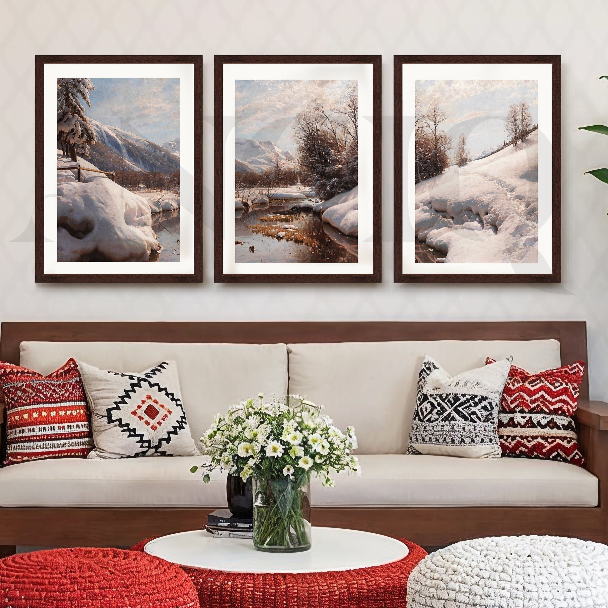 Snowy Alpine River Landscape Gallery Wall – Set of 3 Winter Nature Artworks - 18 x 24 Inches for Living Room