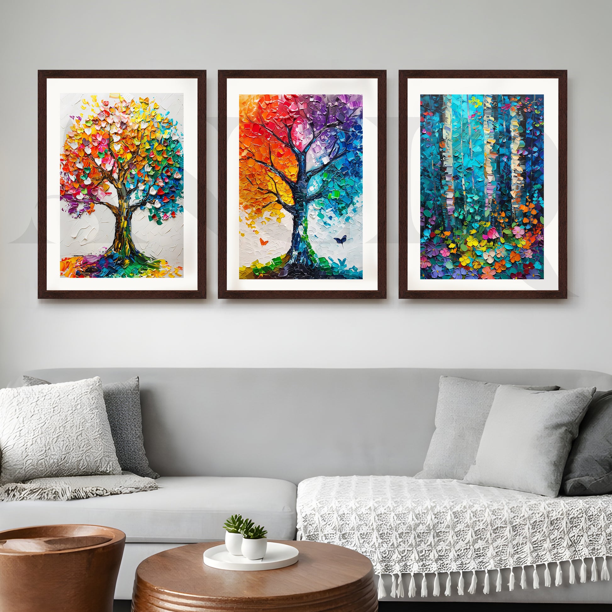 Vibrant Nature Mosaic Gallery Wall – Set of 3 Colorful Tree Artworks - 18 x 24 Inches for Living Room
