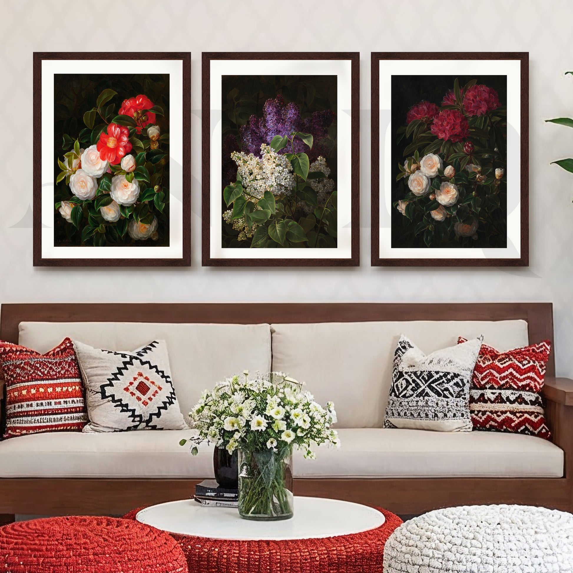 Vintage Botanical Bouquet Gallery Wall – Set of 3 Classic Floral Artworks - 18 x 24 Inches for Living Room