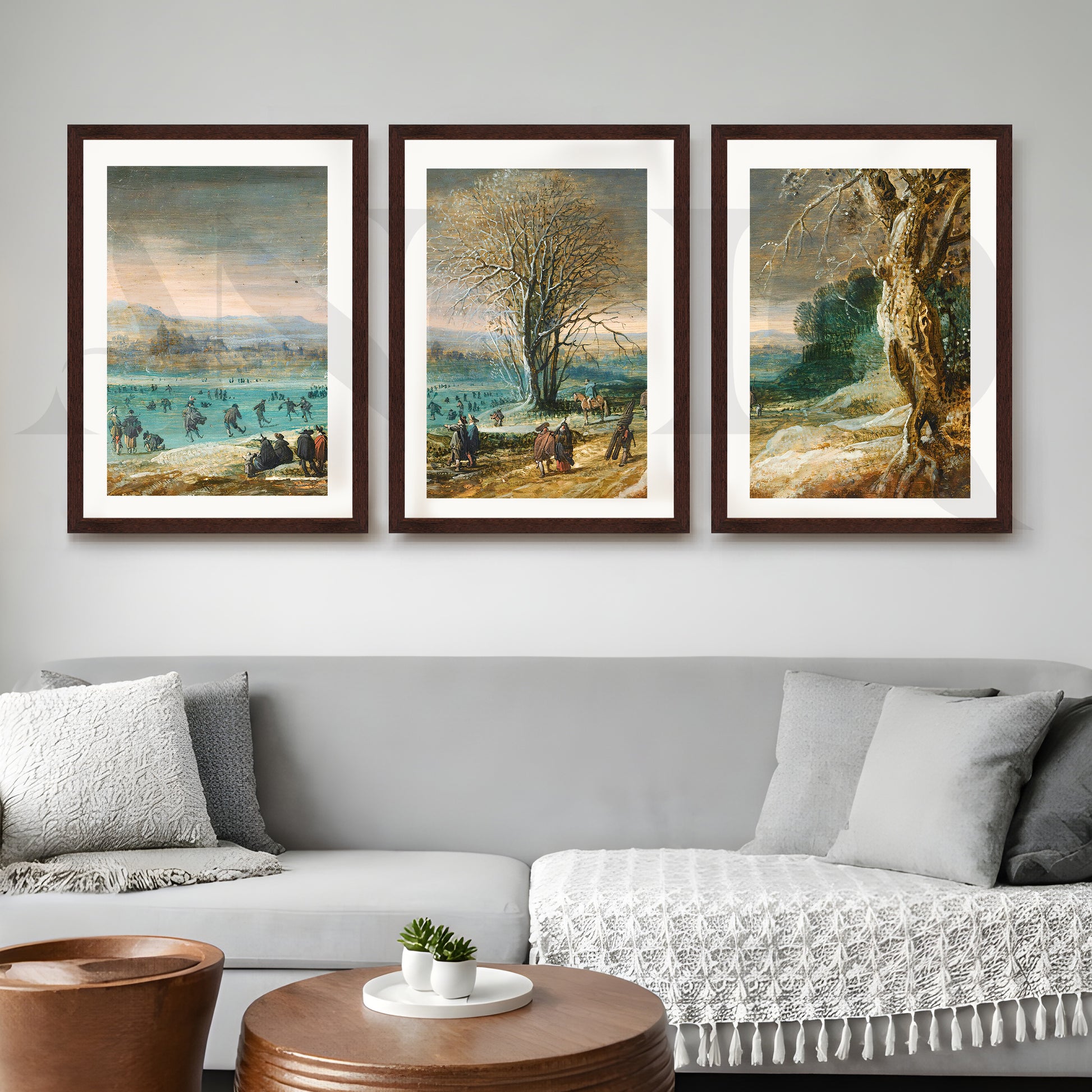 Winter Lakeside Life Gallery Wall – Set of 3 Classical European Landscape Artworks - 18 x 24 Inches for Living Room