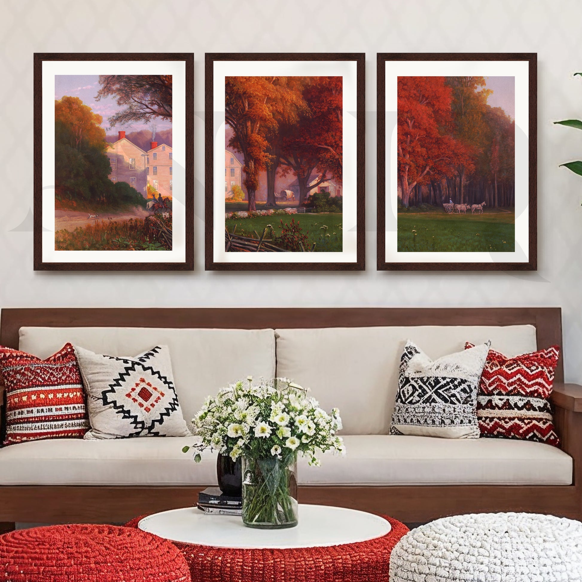 Autumn Countryside Estate Gallery Wall – Set of 3 Classic Landscape Artworks - 18 x 24 Inches for Living Room