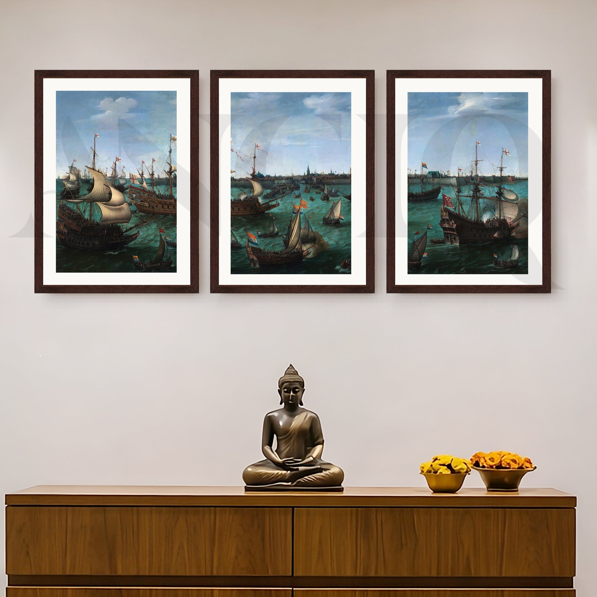 Historic Naval Fleet Gallery Wall – Set of 3 Classic Maritime Artworks - 18 x 24 Inches for Entryway/Hallway