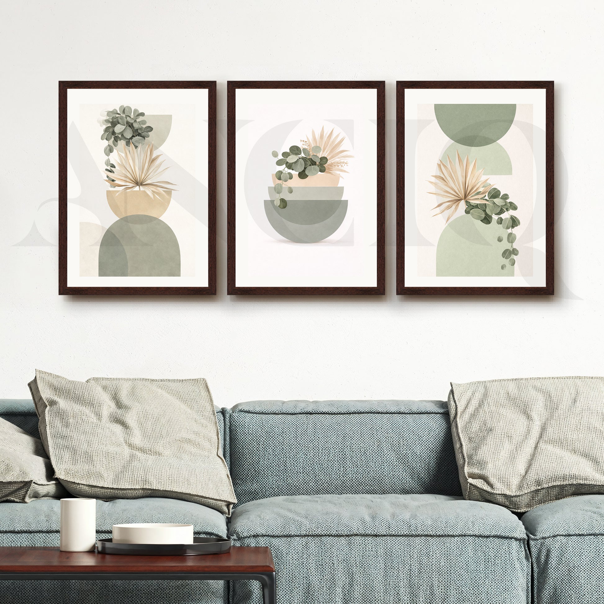 Soft Sage Botanical Balance Gallery Wall – Set of 3 Modern Nature Artworks - 18 x 24 Inches for Living Room