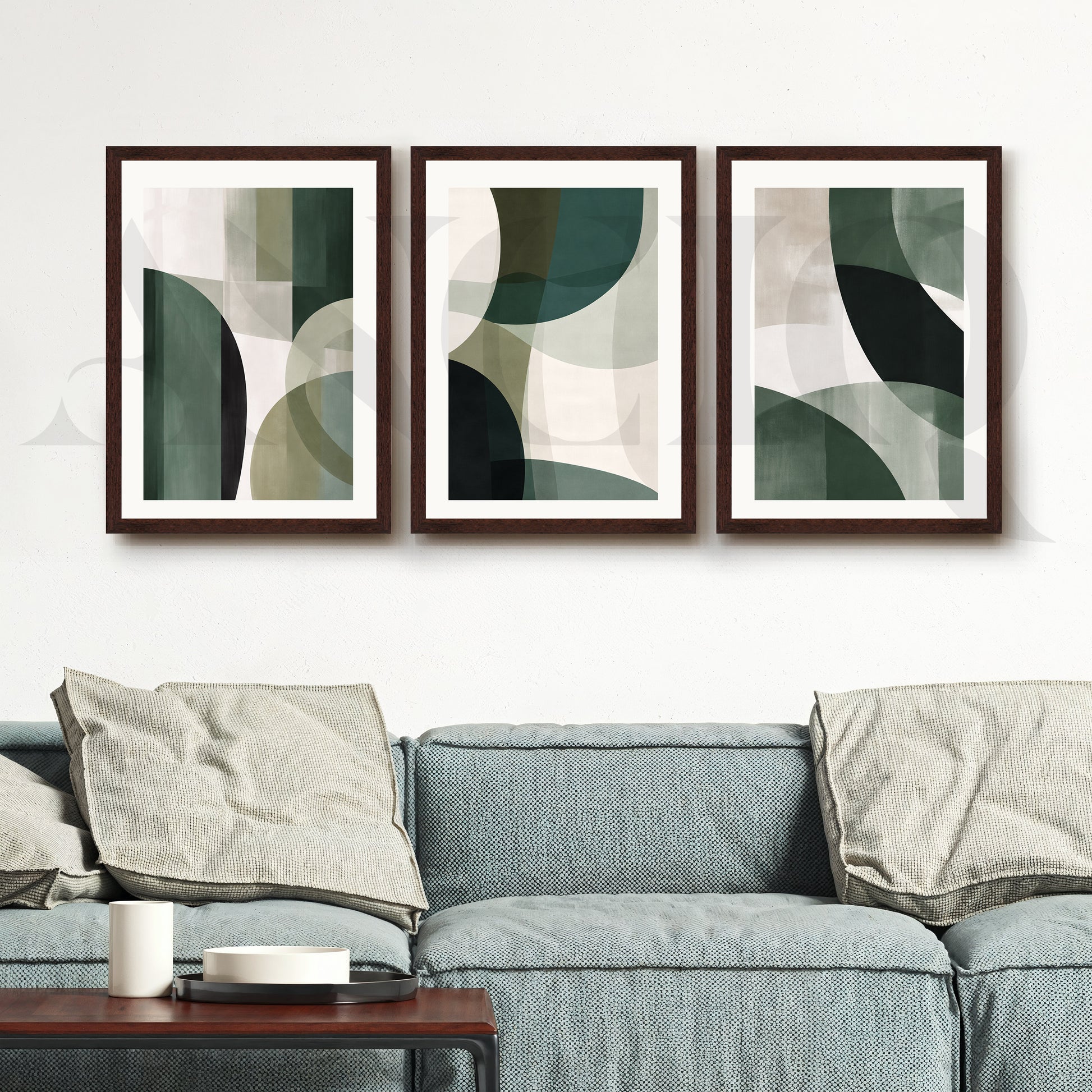 Deep Green Geometric Flow Gallery Wall – Set of 3 Abstract Artworks - 18 x 24 Inches for Living Room