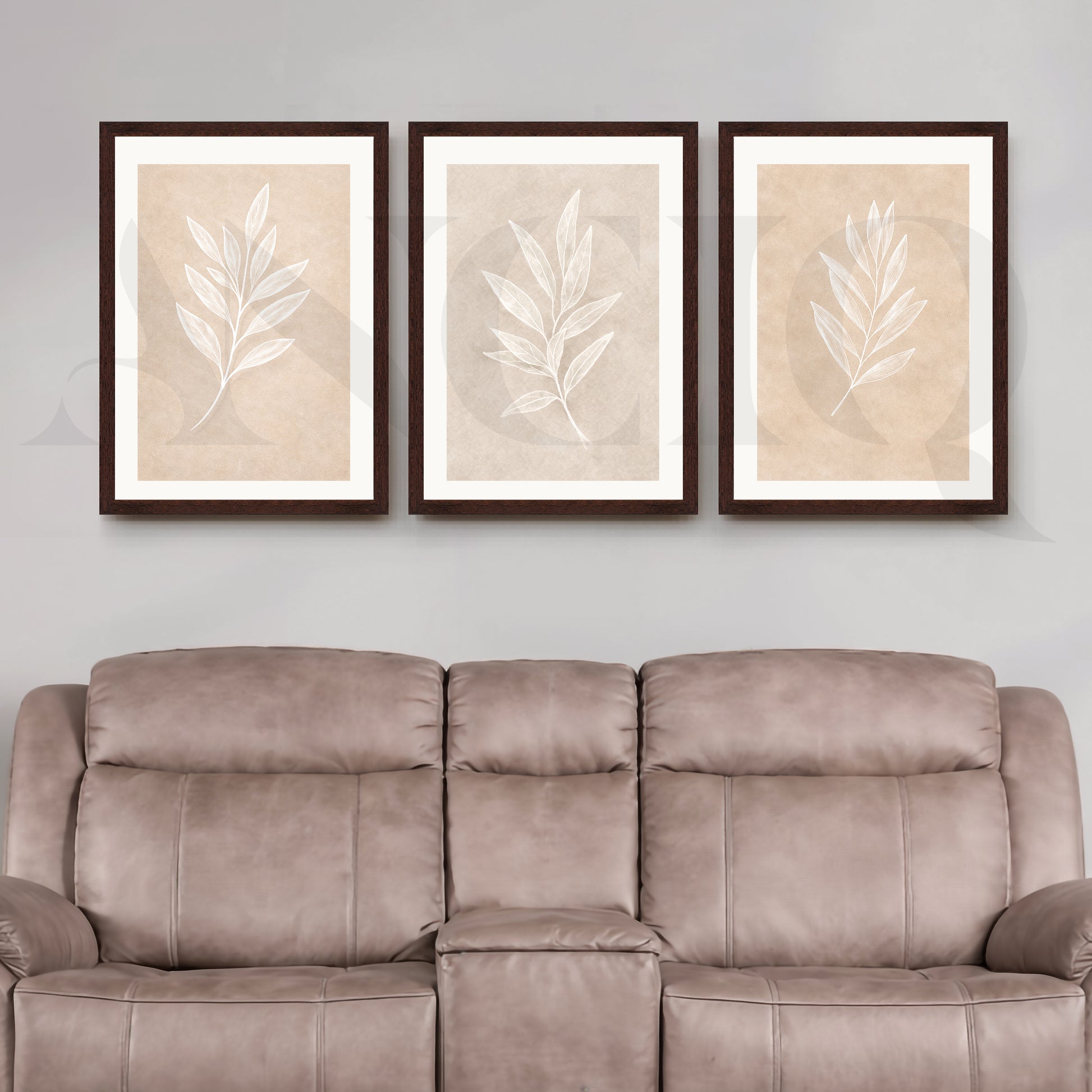 Minimal Leaf Imprint Gallery Wall – Set of 3 Botanical Artworks - 18 x 24 Inches for Living Room