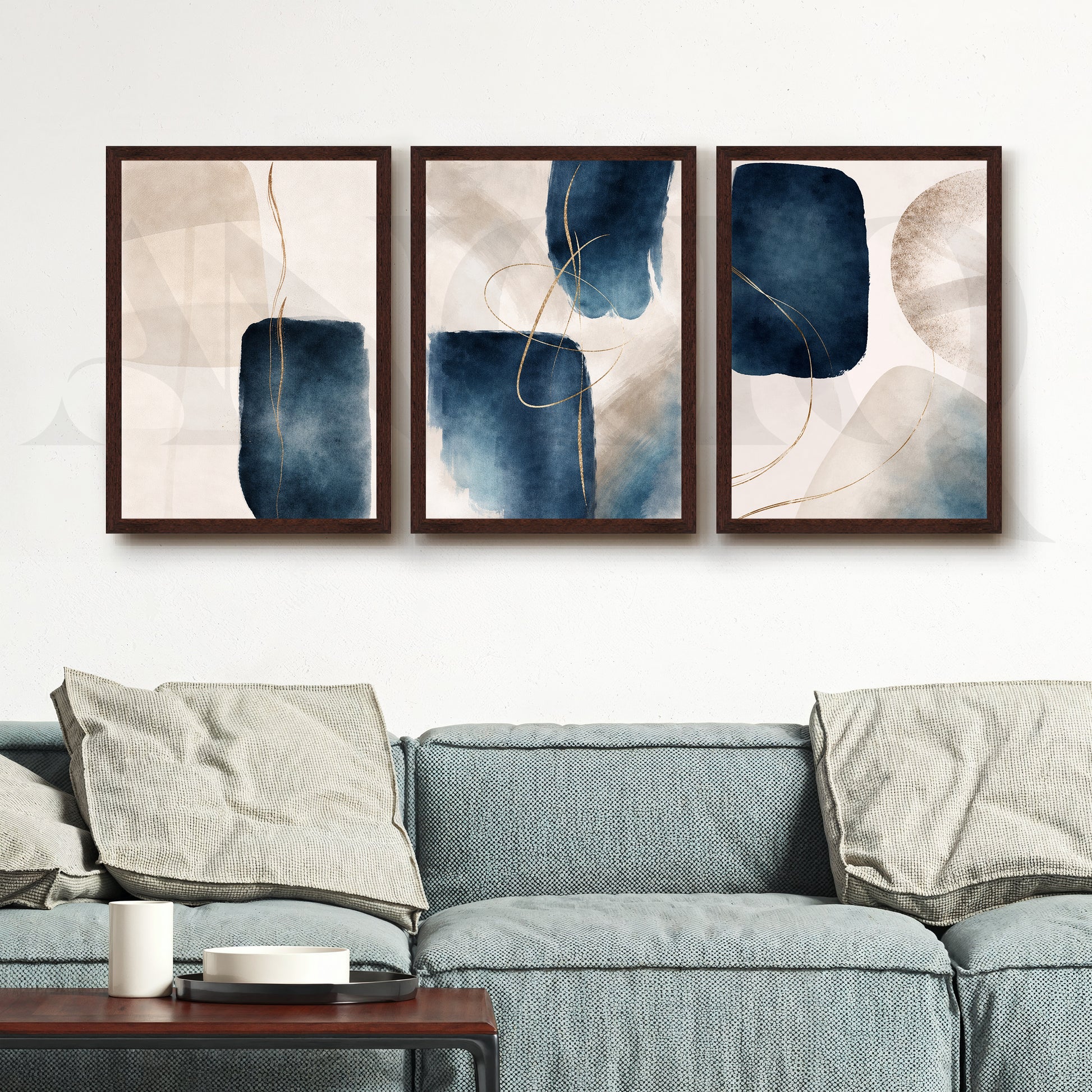 Midnight Blue Fluid Abstraction Gallery Wall – Set of 3 Contemporary Artworks - 18 x 24 Inches for Living Room