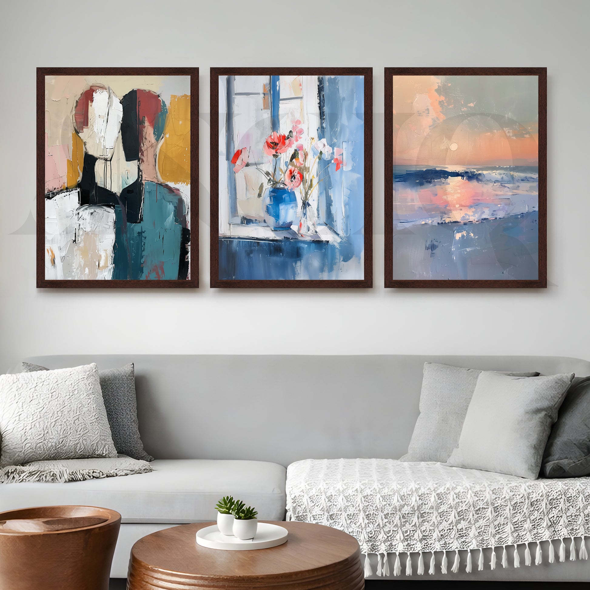 Contemporary Serenity Abstract Gallery Wall – Set of 3 Modern Artworks - 18 x 24 Inches for Living Room
