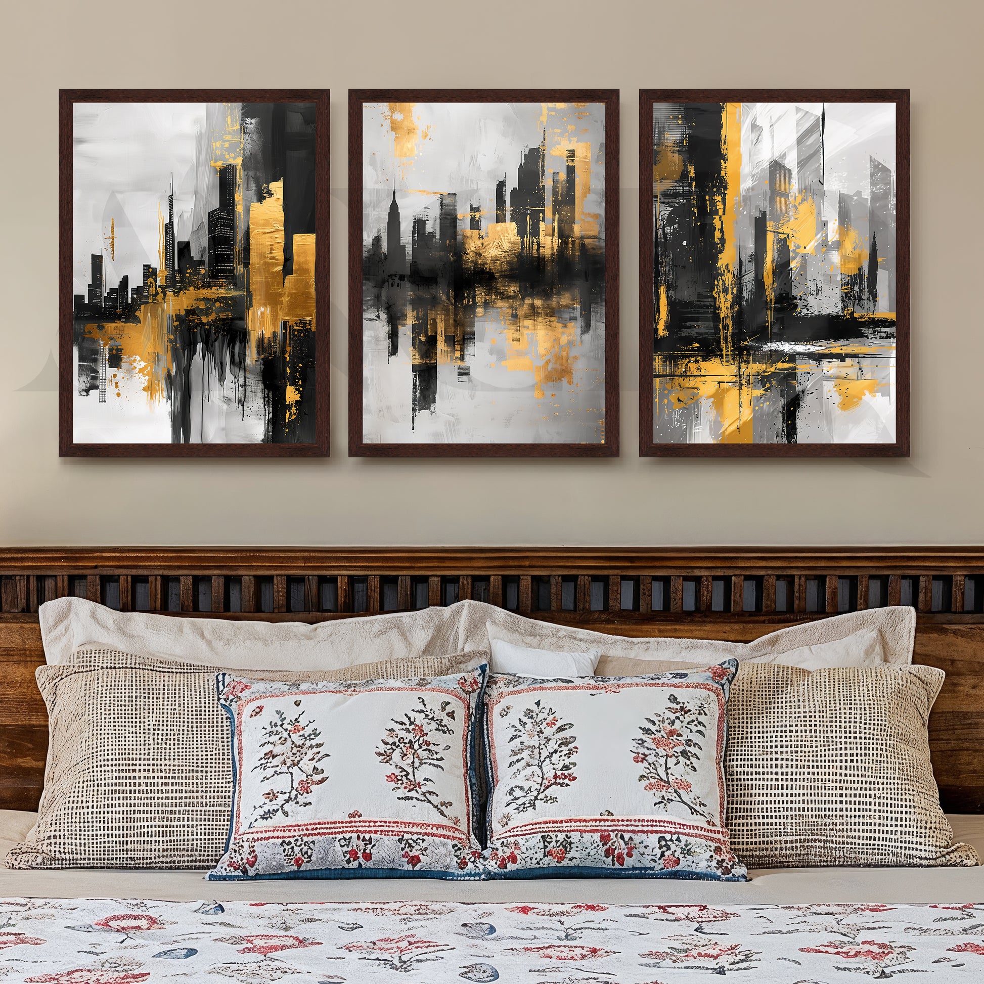 Golden Urban Skyline Gallery Wall – Set of 3 Modern Cityscape Artworks - 18 x 24 Inches for Stylish Bedroom