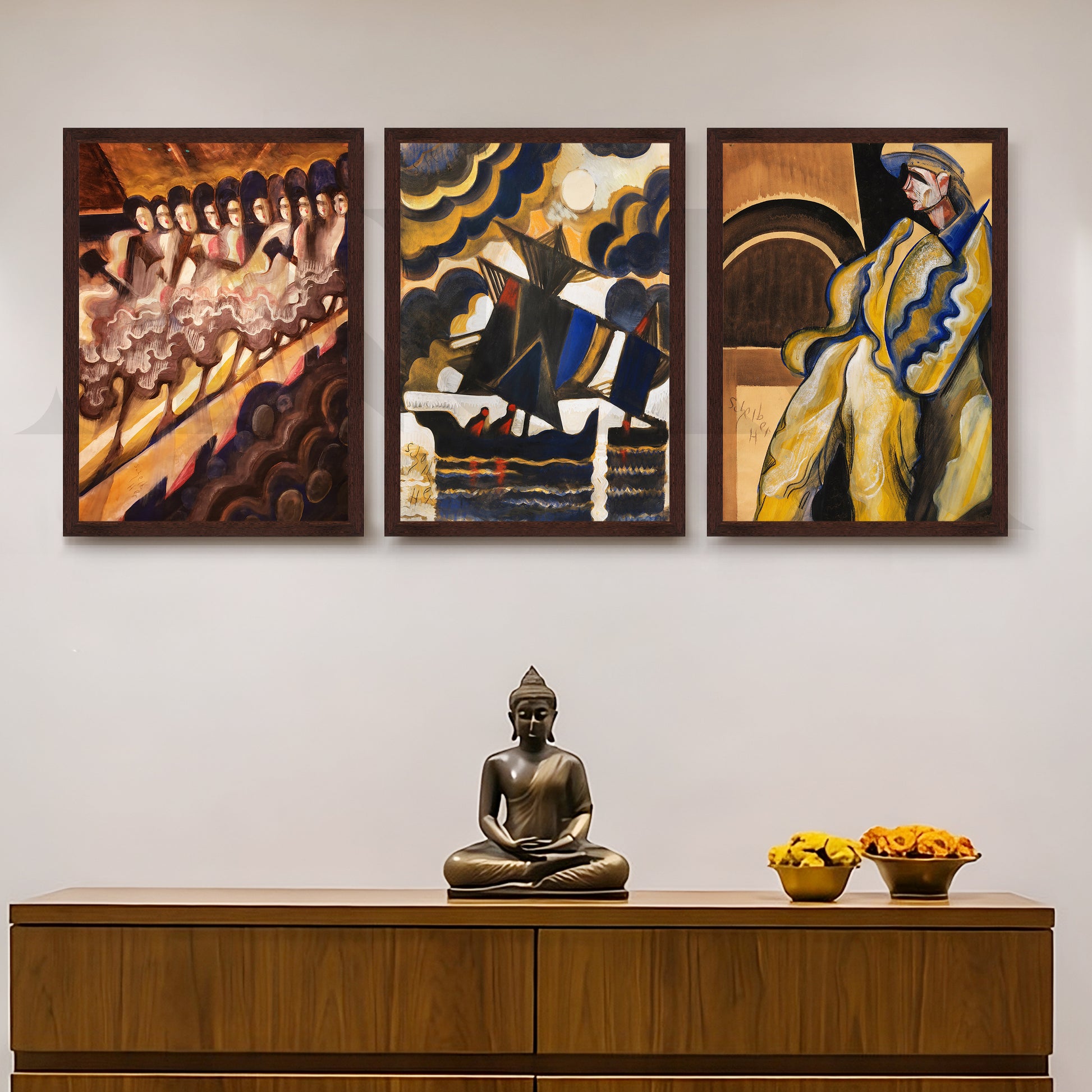 Vintage Avant-Garde Narrative Gallery Wall – Set of 3 Expressionist Artworks - 18 x 24 Inches for Entryway/Hallway