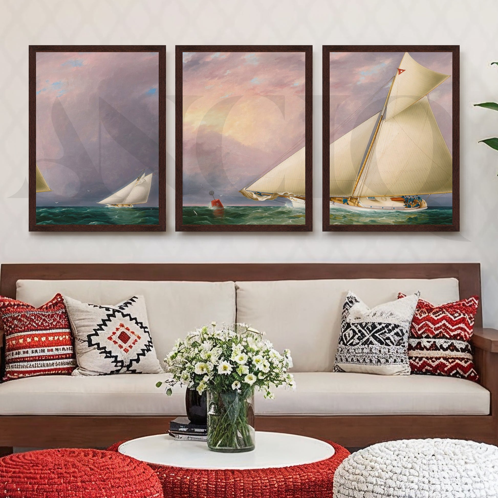 Classic Sailing Regatta Gallery Wall – Set of 3 Nautical Artworks - 18 x 24 Inches for Living Room