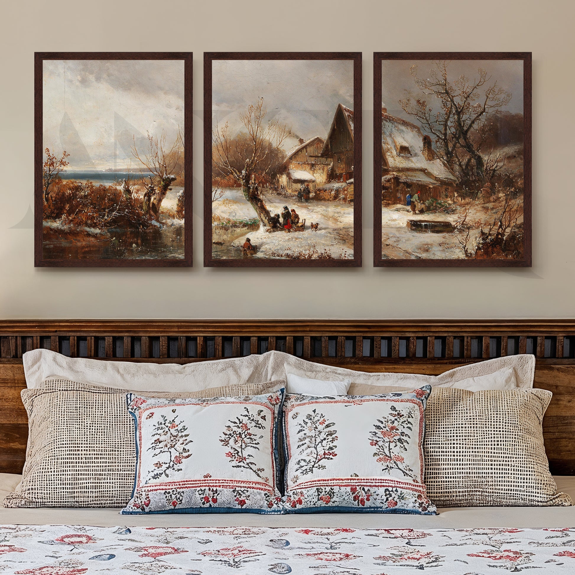 Winter Village Countryside Gallery Wall – Set of 3 Vintage Landscape Artworks - 18 x 24 Inches for Stylish Bedroom