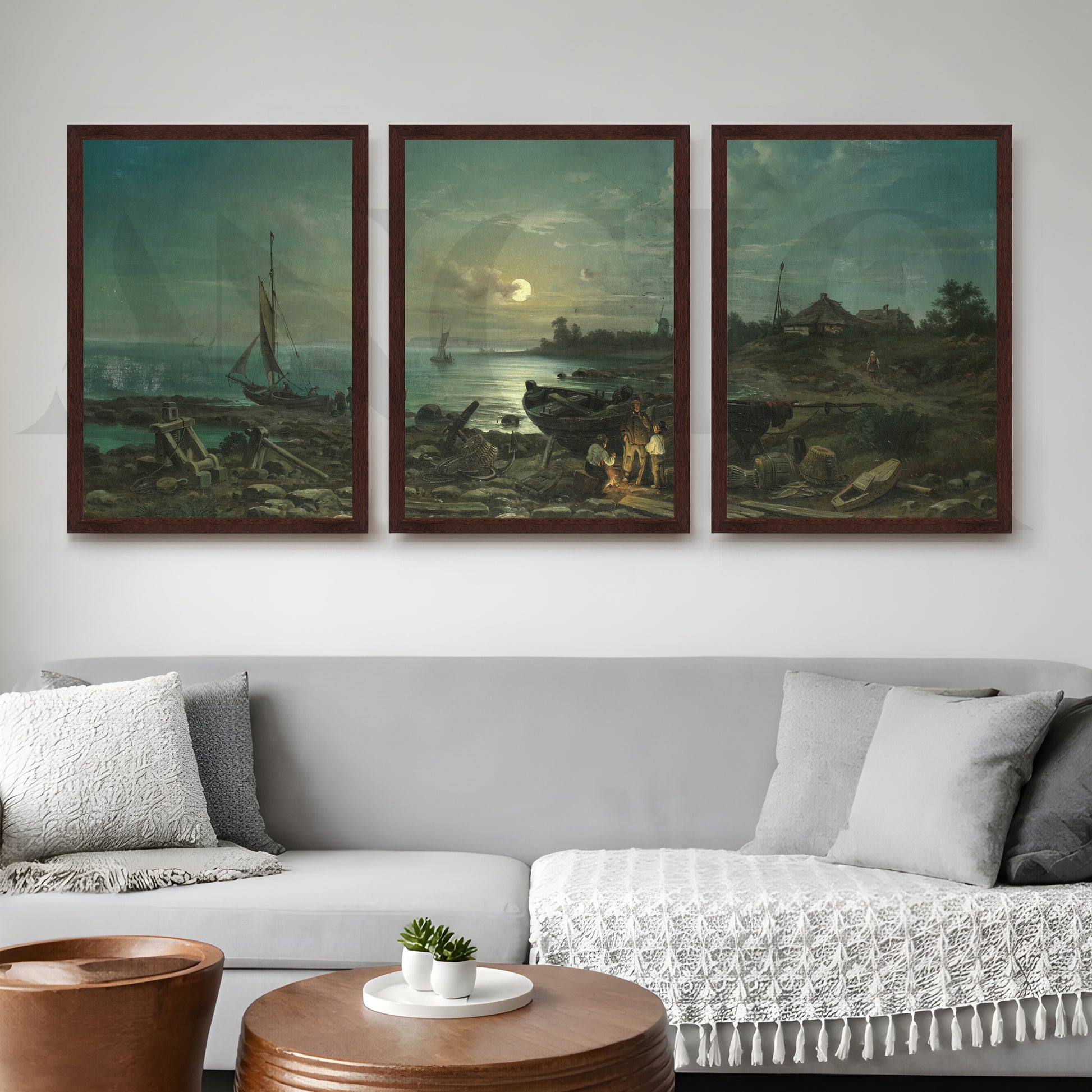 Moonlit Coastal Harbor Gallery Wall – Set of 3 Vintage Maritime Artworks - 18 x 24 Inches for Living Room