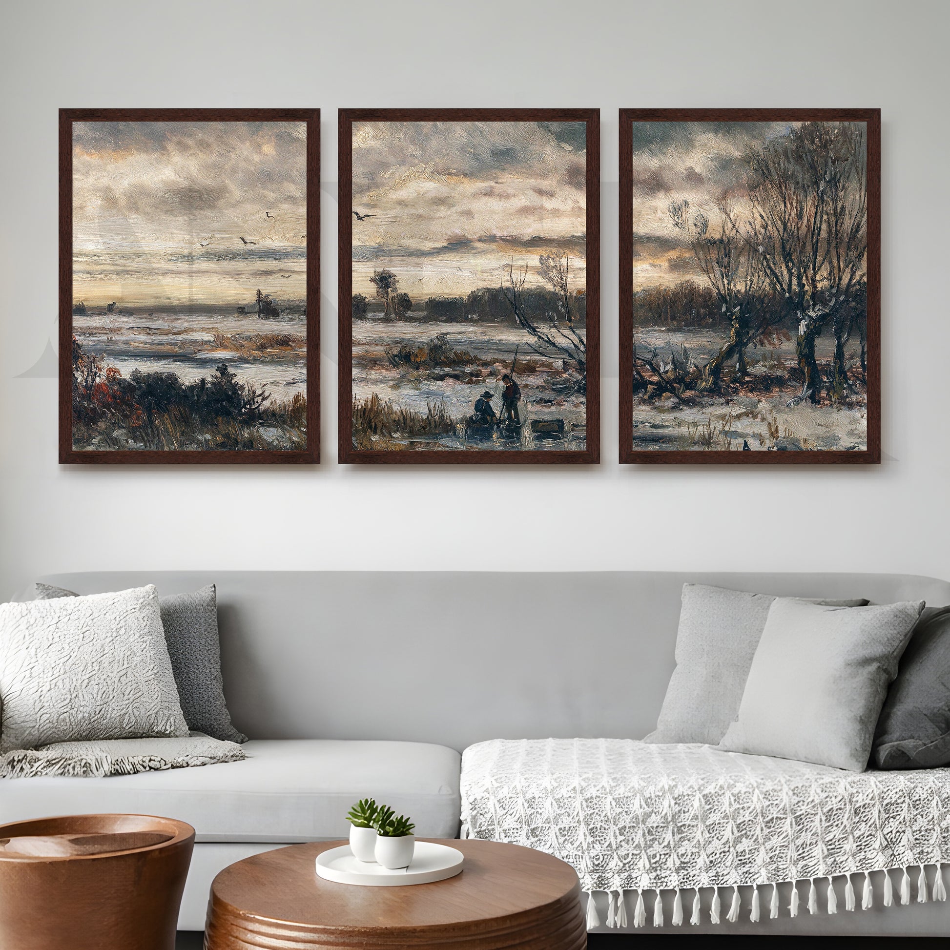 Moody Winter Countryside Gallery Wall – Set of 3 Atmospheric Landscape Artworks - 18 x 24 Inches for Living Room