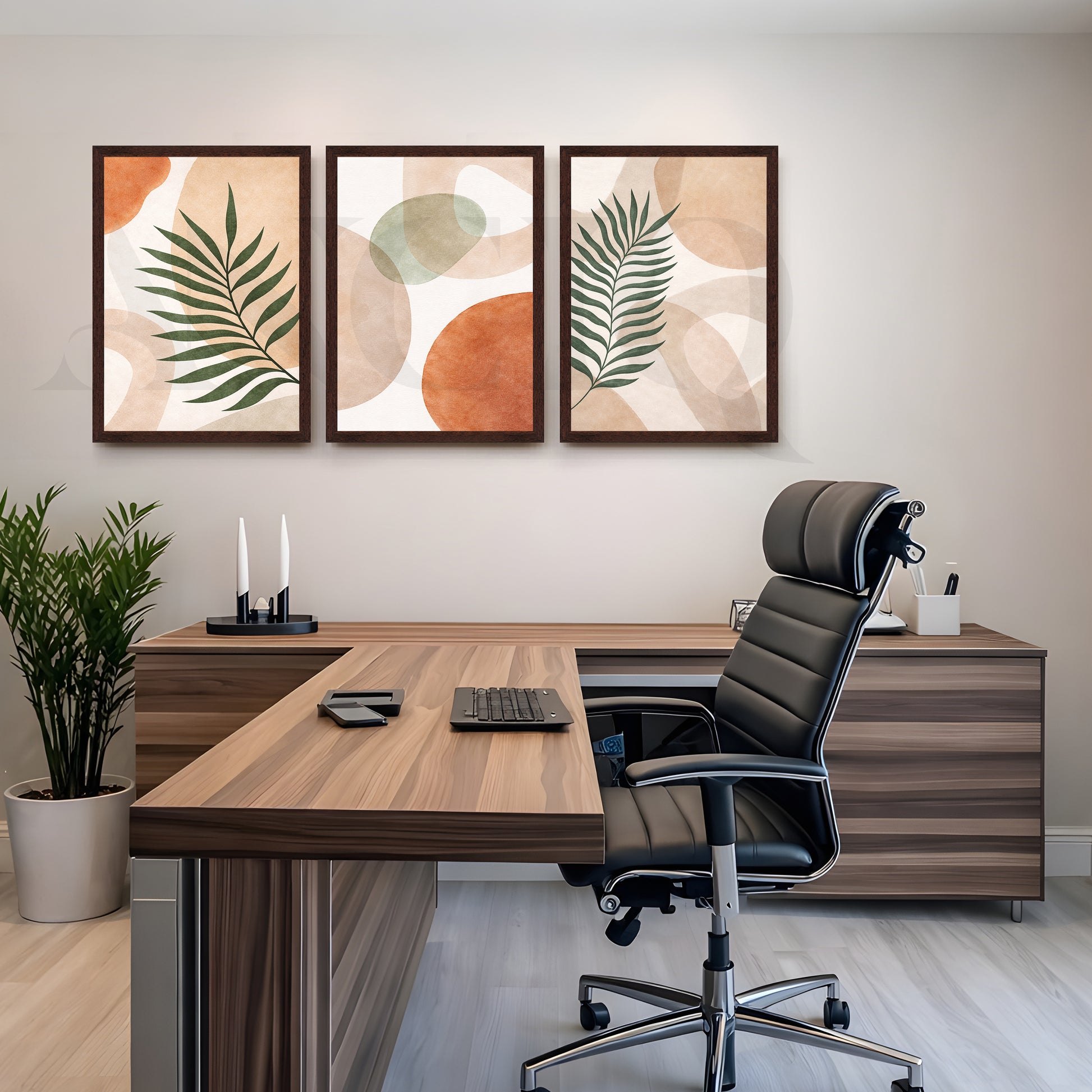 Modern Botanical Abstract Harmony Gallery Wall – Set of 3 Contemporary Artworks - 18 x 24 Inches for Office/Study Room