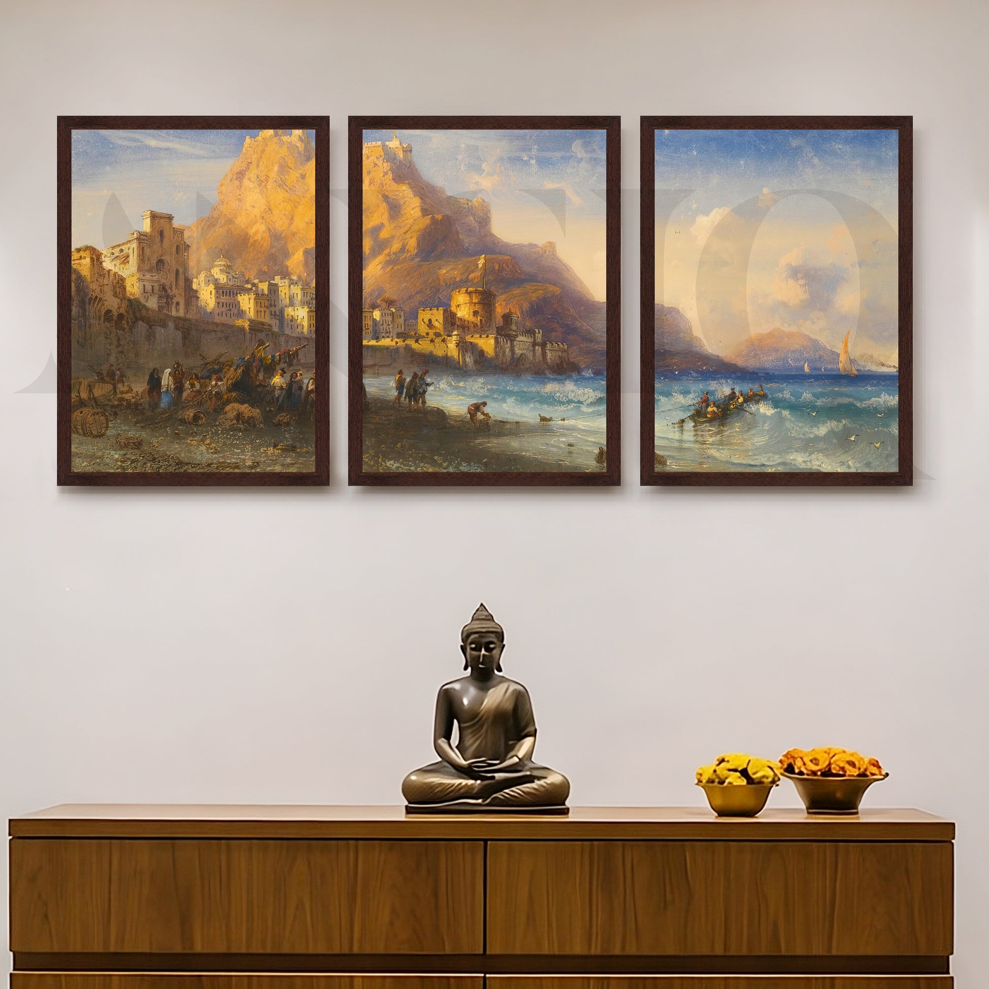 Coastal Mountain Harbour Gallery Wall – Set of 3 Mediterranean Landscape Artworks - 18 x 24 Inches for Entryway/Hallway