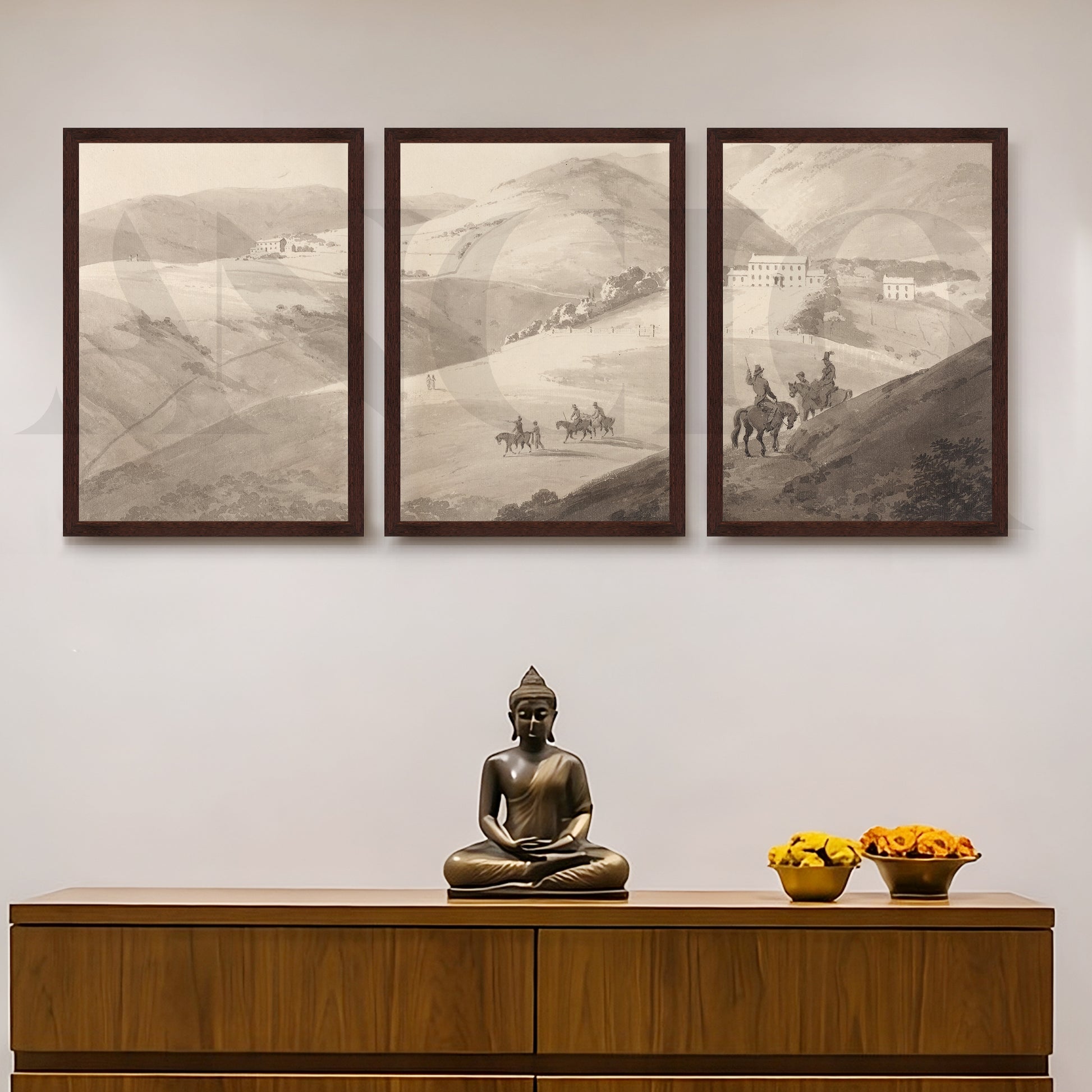 Timeless Countryside Sketch Gallery Wall – Set of 3 Monochrome Landscape Artworks - 18 x 24 Inches for Entryway/Hallway
