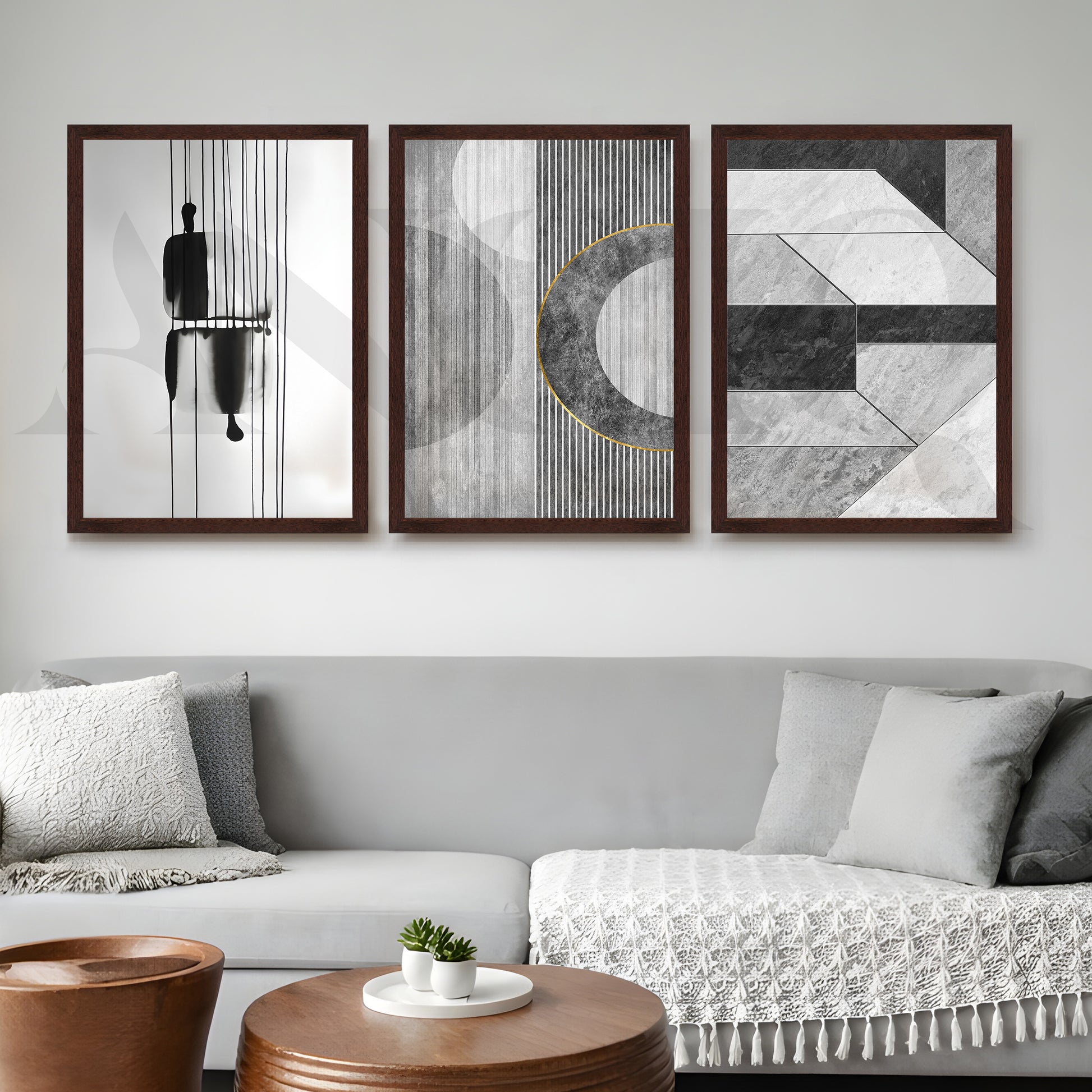Monochrome Modern Geometry Gallery Wall – Set of 3 Minimal Abstract Artworks - 18 x 24 Inches for Office/Study Room