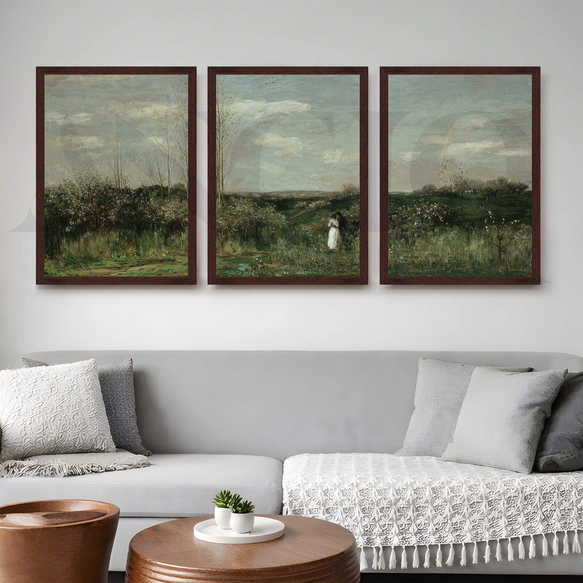 Serene Countryside Meadow Gallery Wall – Set of 3 Classic Landscape Artworks - 18 x 24 Inches for Living Room