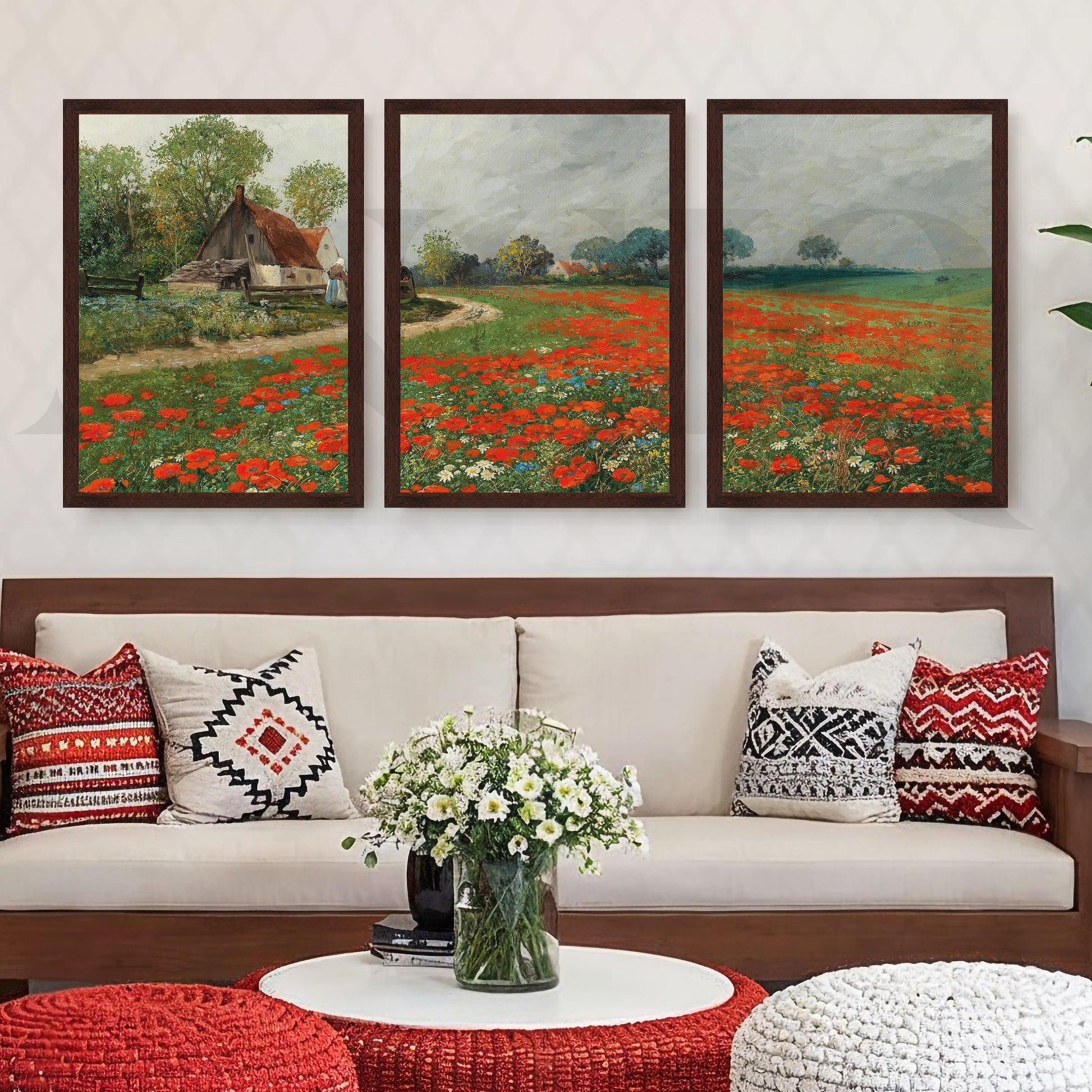 Rustic Poppy Field Landscape Gallery Wall – Set of 3 Impressionist Artworks - 18 x 24 Inches for Living Room