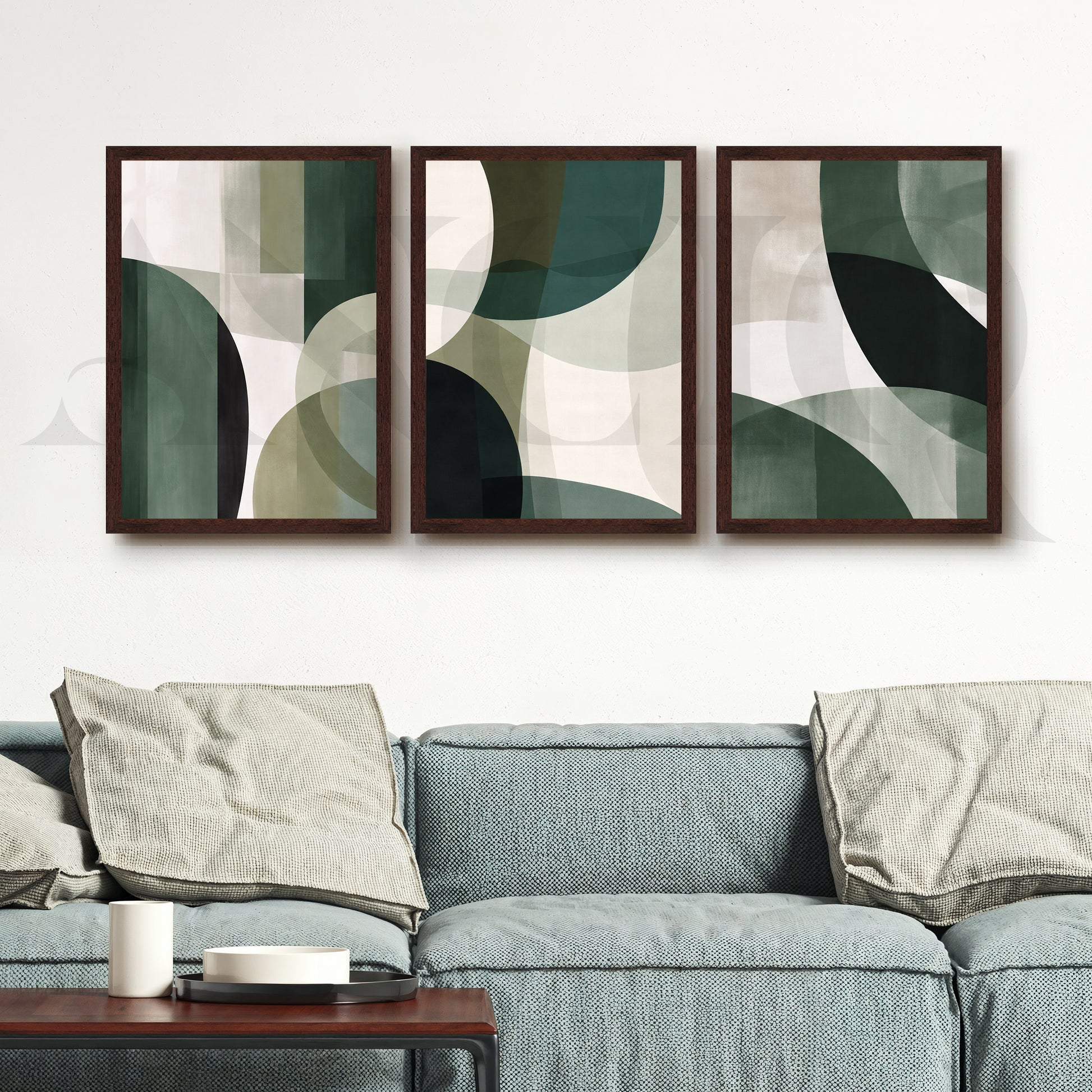 Deep Green Geometric Flow Gallery Wall – Set of 3 Abstract Artworks - 18 x 24 Inches for Living Room