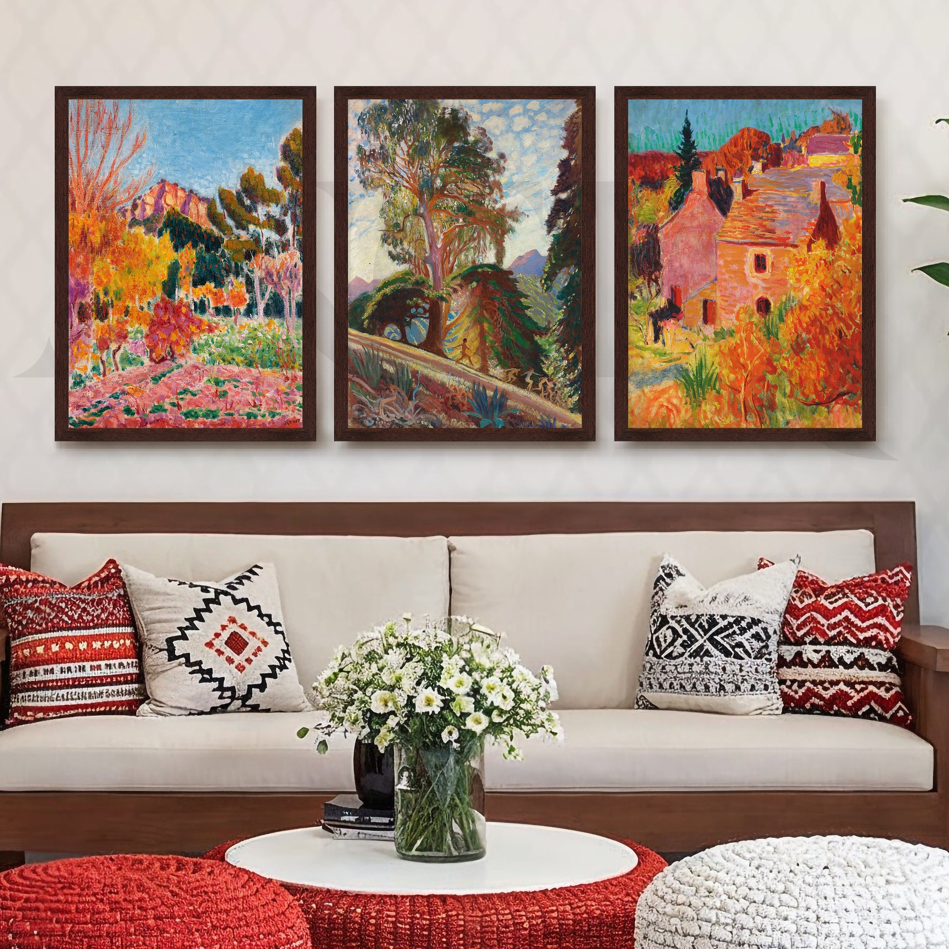 Vibrant Impressionist Countryside Gallery Wall – Set of 3 Vibrant Artworks - 18 x 24 Inches for Living Room