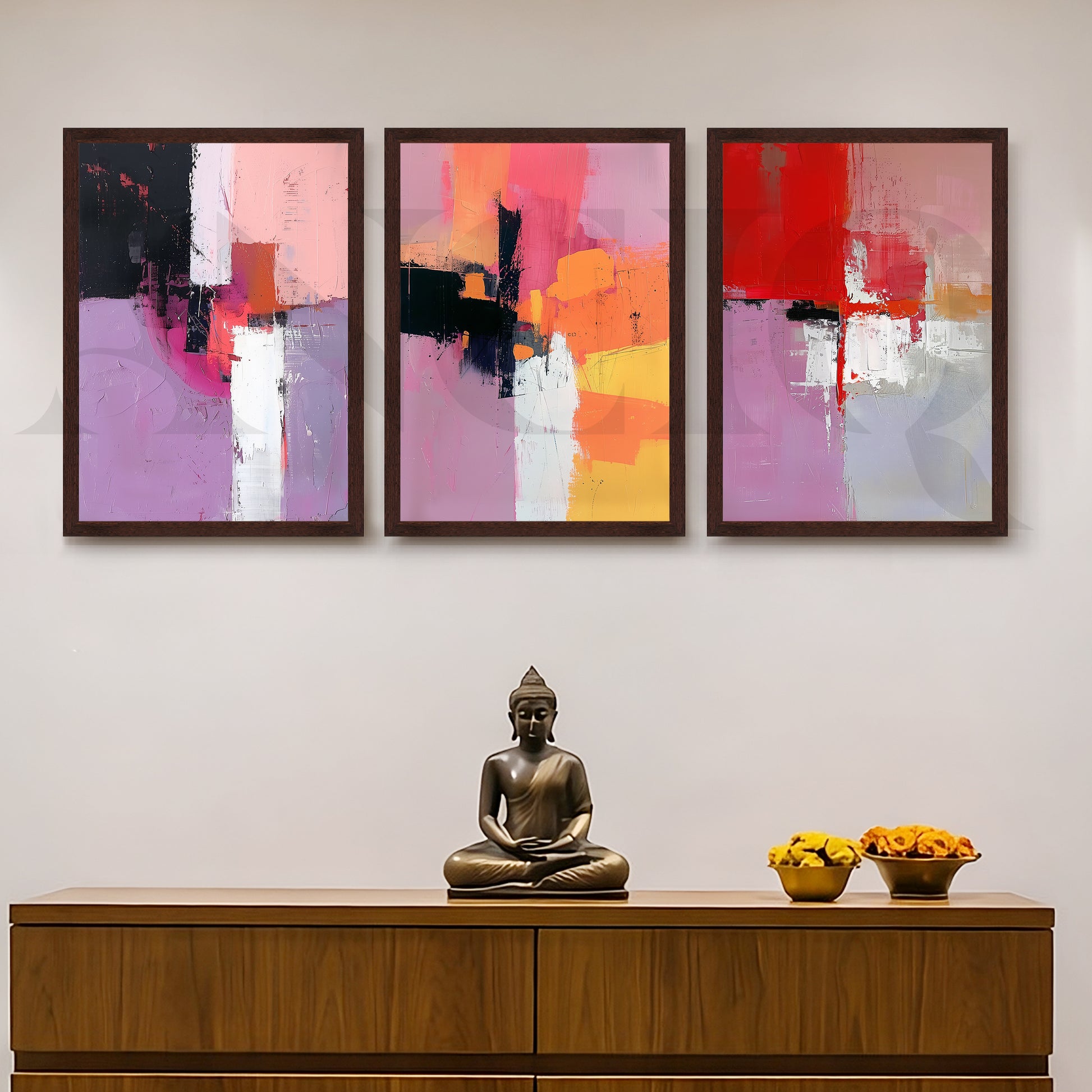 Blush & Crimson Abstract Gallery Wall – Set of 3 Contemporary Artworks - 18 x 24 Inches for Entryway/Hallway