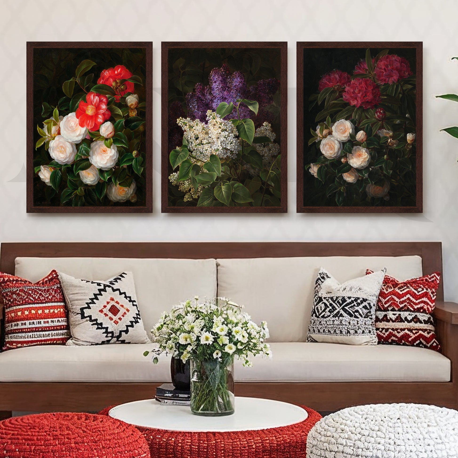 Vintage Botanical Bouquet Gallery Wall – Set of 3 Classic Floral Artworks - 18 x 24 Inches for Living Room