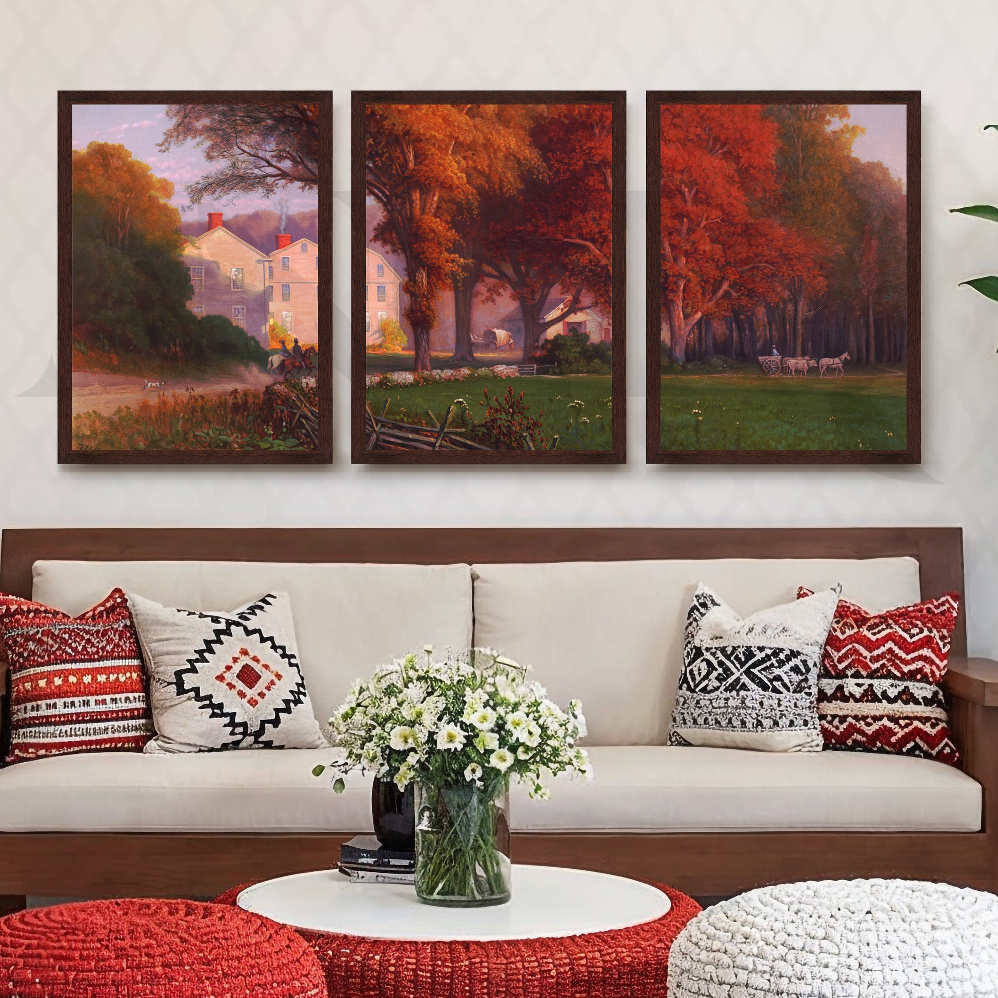 Autumn Countryside Estate Gallery Wall – Set of 3 Classic Landscape Artworks - 18 x 24 Inches for Living Room