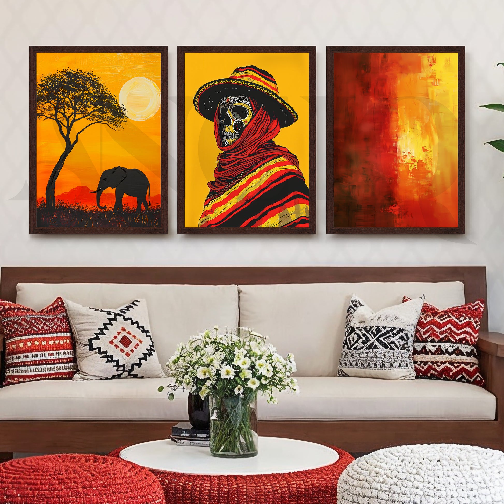 Golden Horizon Tribal Fusion Gallery Wall – Set of 3 Contemporary Artworks - 18 x 24 Inches for Living Room