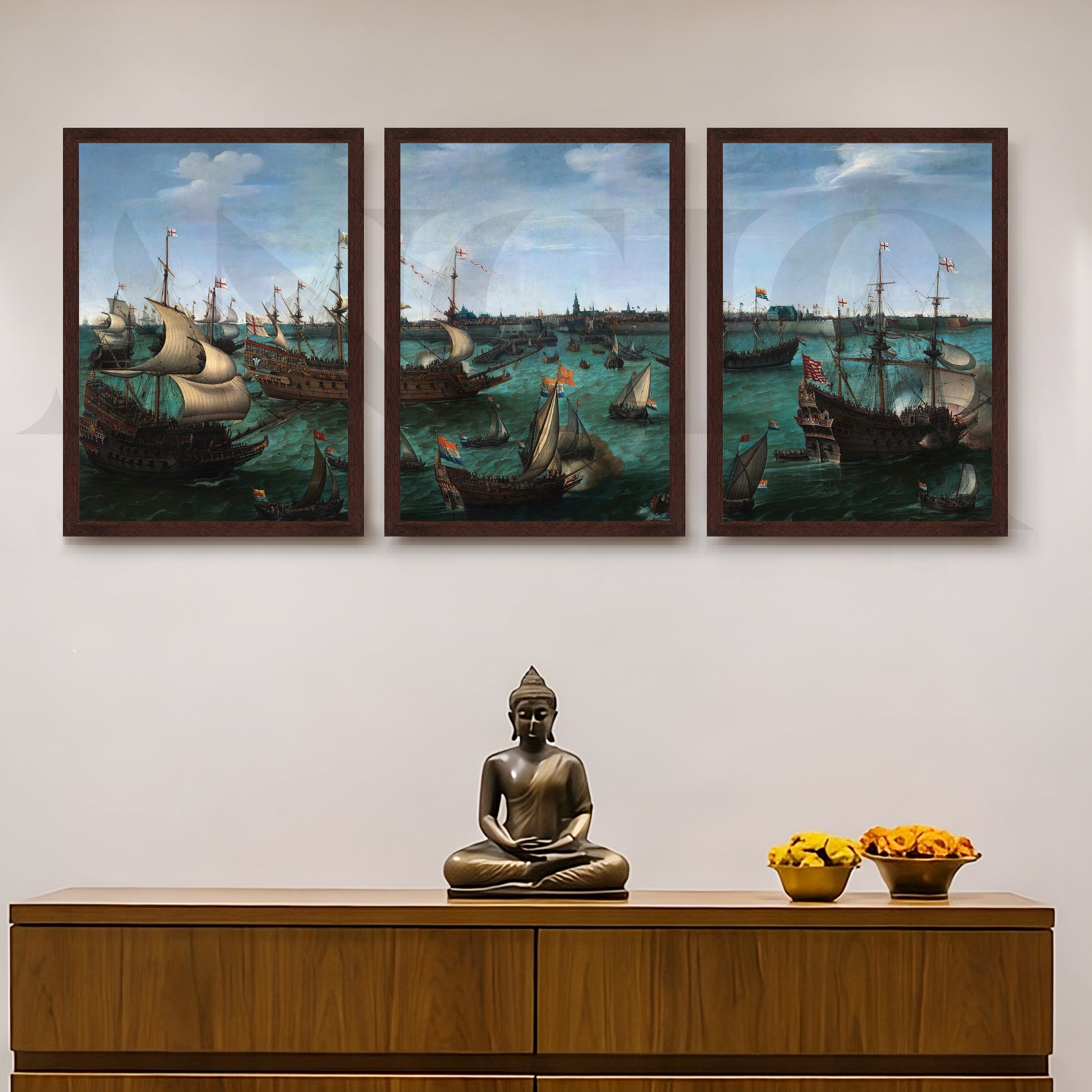 Historic Naval Fleet Gallery Wall – Set of 3 Classic Maritime Artworks - 18 x 24 Inches for Entryway/Hallway