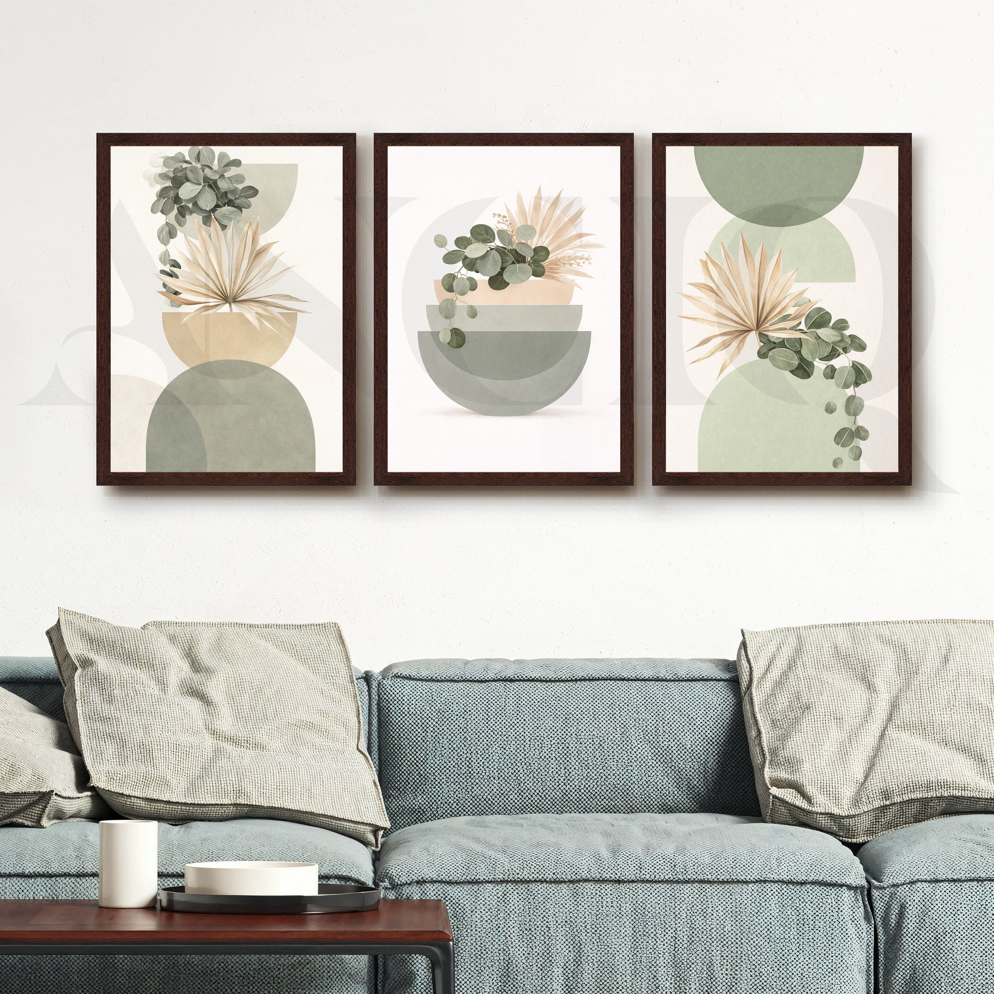 Soft Sage Botanical Balance Gallery Wall – Set of 3 Modern Nature Artworks - 18 x 24 Inches for Living Room