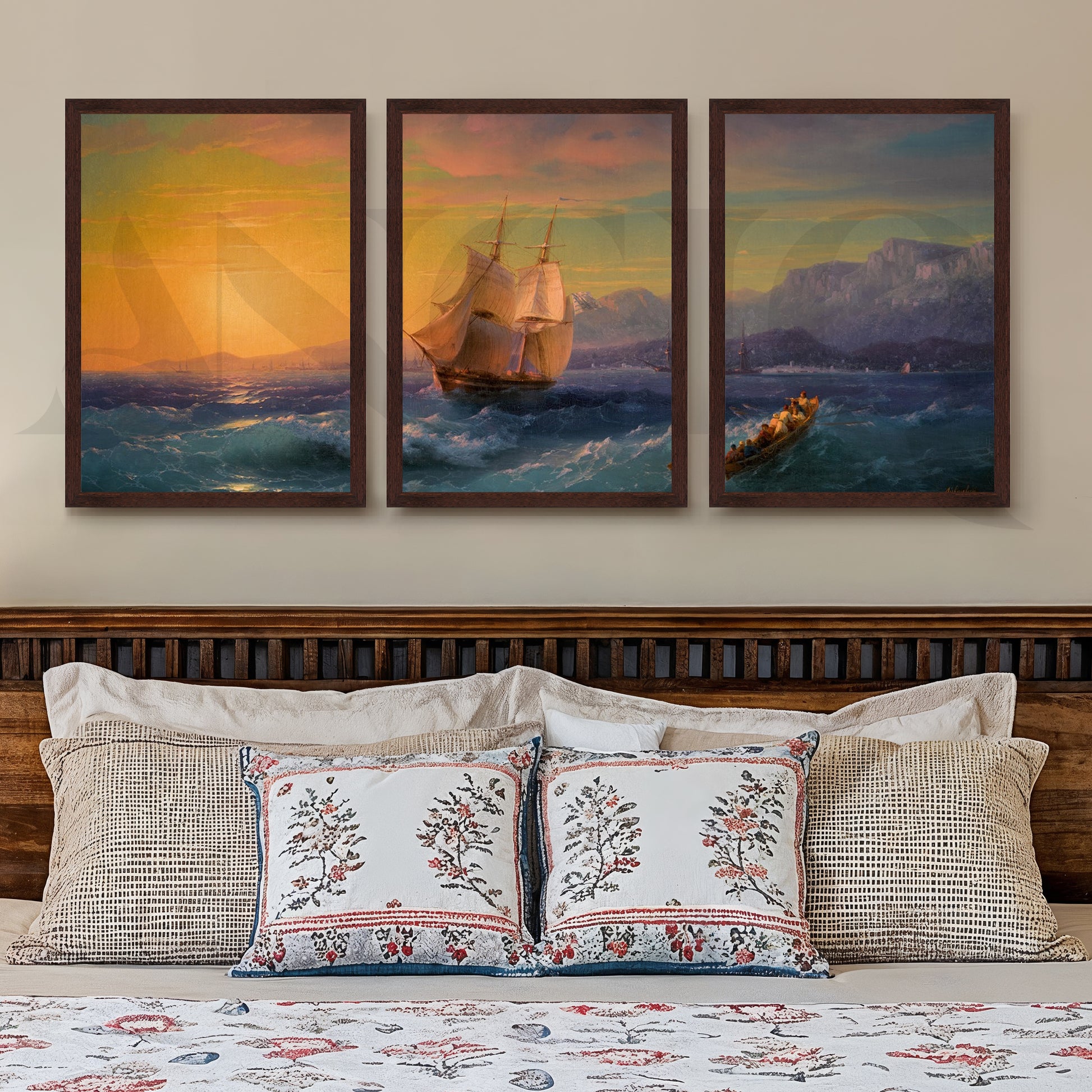 Golden Horizon Sailing Gallery Wall – Set of 3 Vintage Seascape Artworks - 18 x 24 Inches for Stylish Bedroom