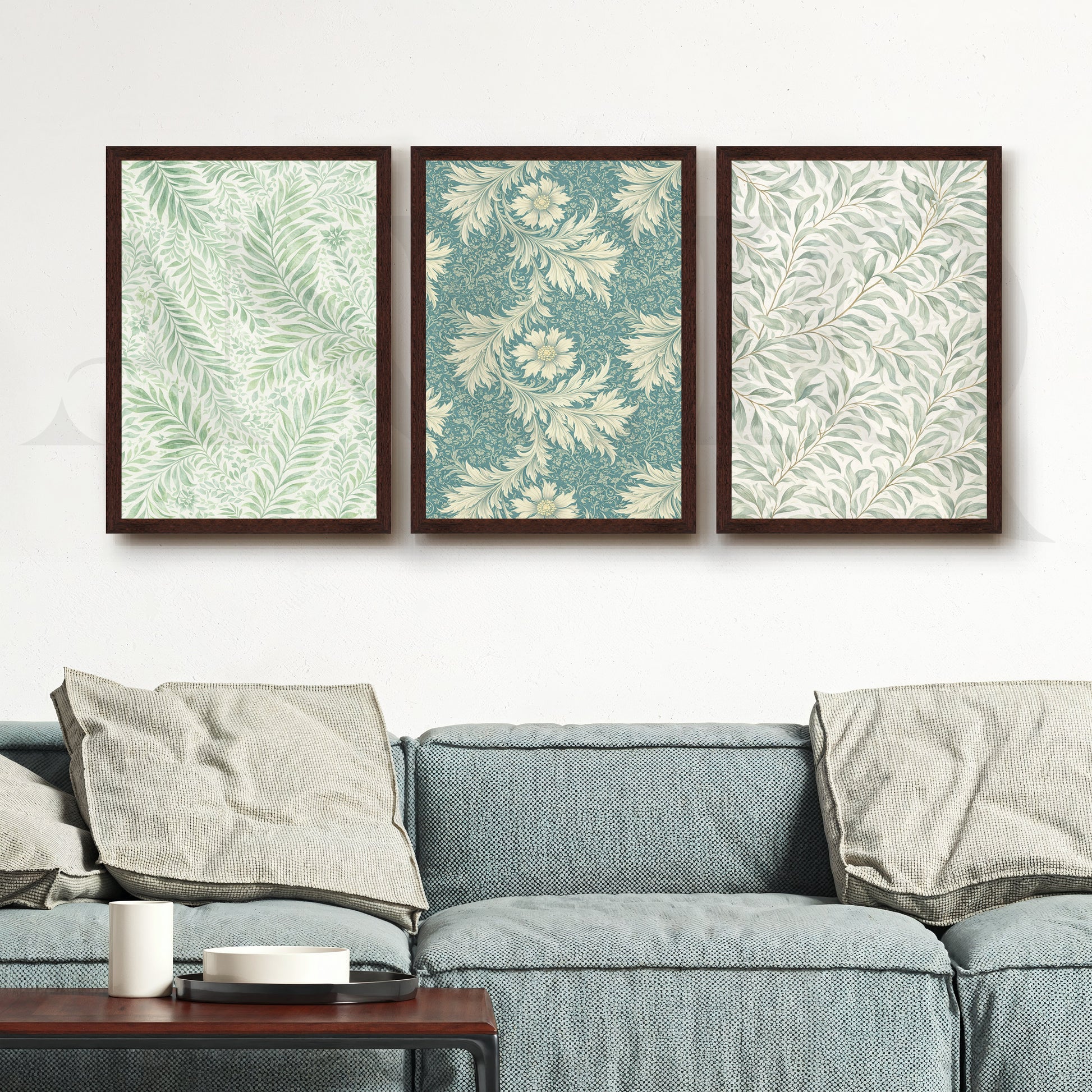 Vintage Botanical Textile Gallery Wall – Set of 3 Pattern Artworks - 18 x 24 Inches for Living Room