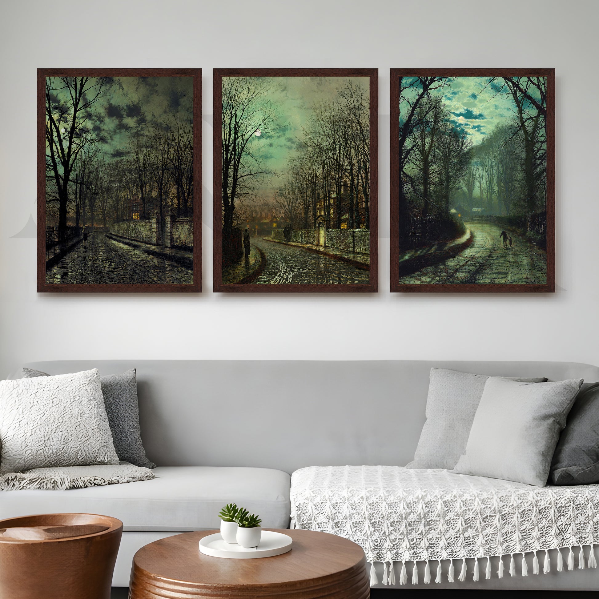 Moody Twilight Streetscape Gallery Wall – Set of 3 Atmospheric Artworks - 18 x 24 Inches for Living Room