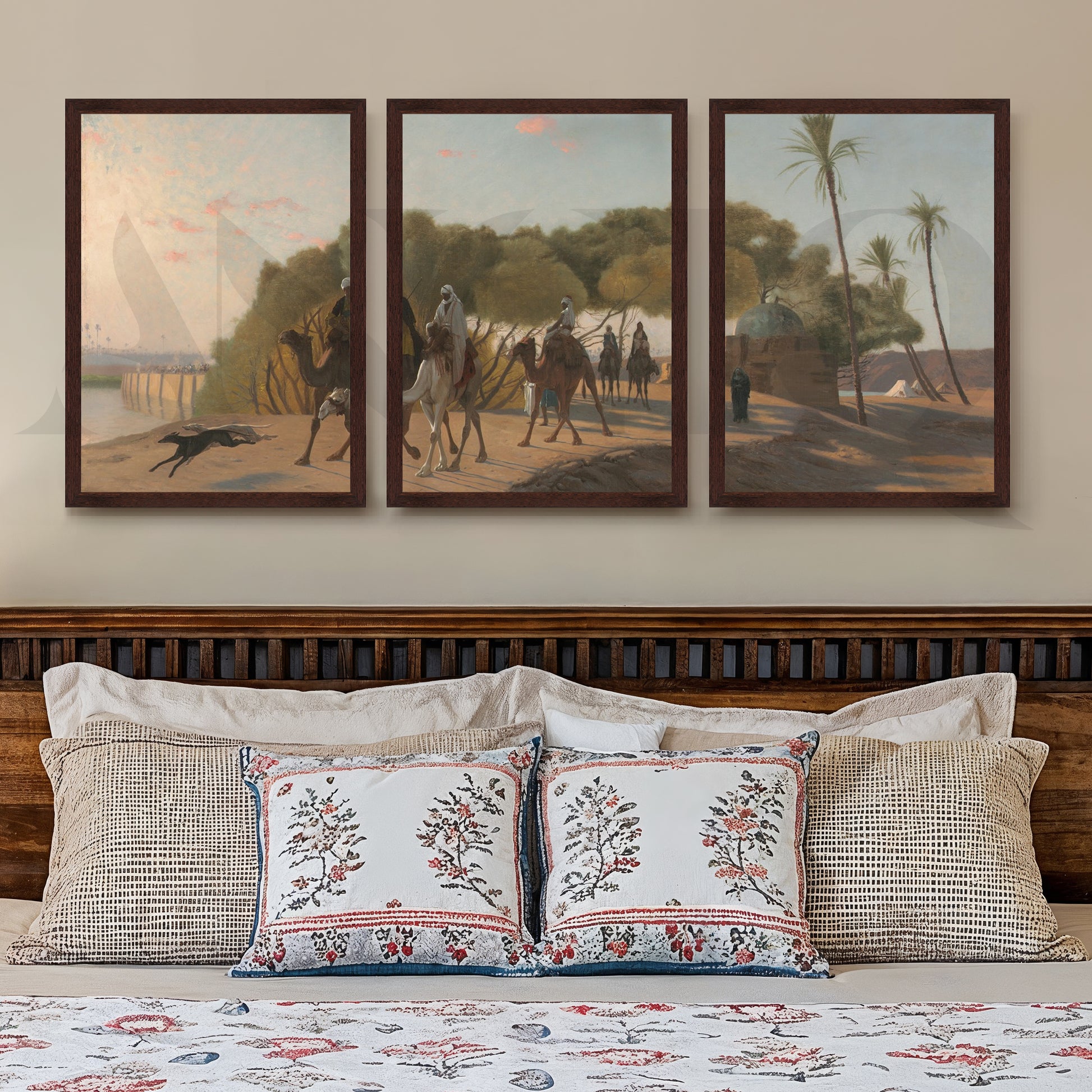 Desert Caravan Landscape Gallery Wall – Set of 3 Vintage Oriental Artworks - 18 x 24 Inches for Stylish Bedroom