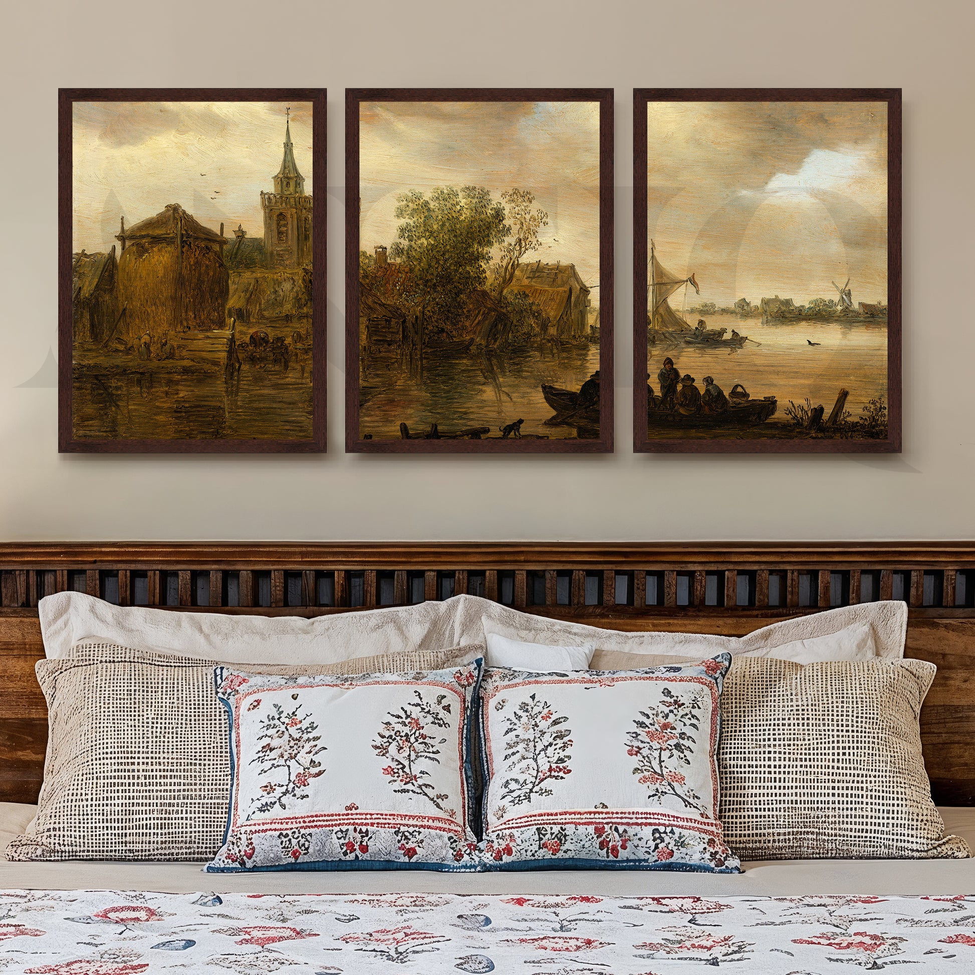 Vintage Riverside Village Gallery Wall – Set of 3 Classic Landscape Artworks - 18 x 24 Inches for Stylish Bedroom