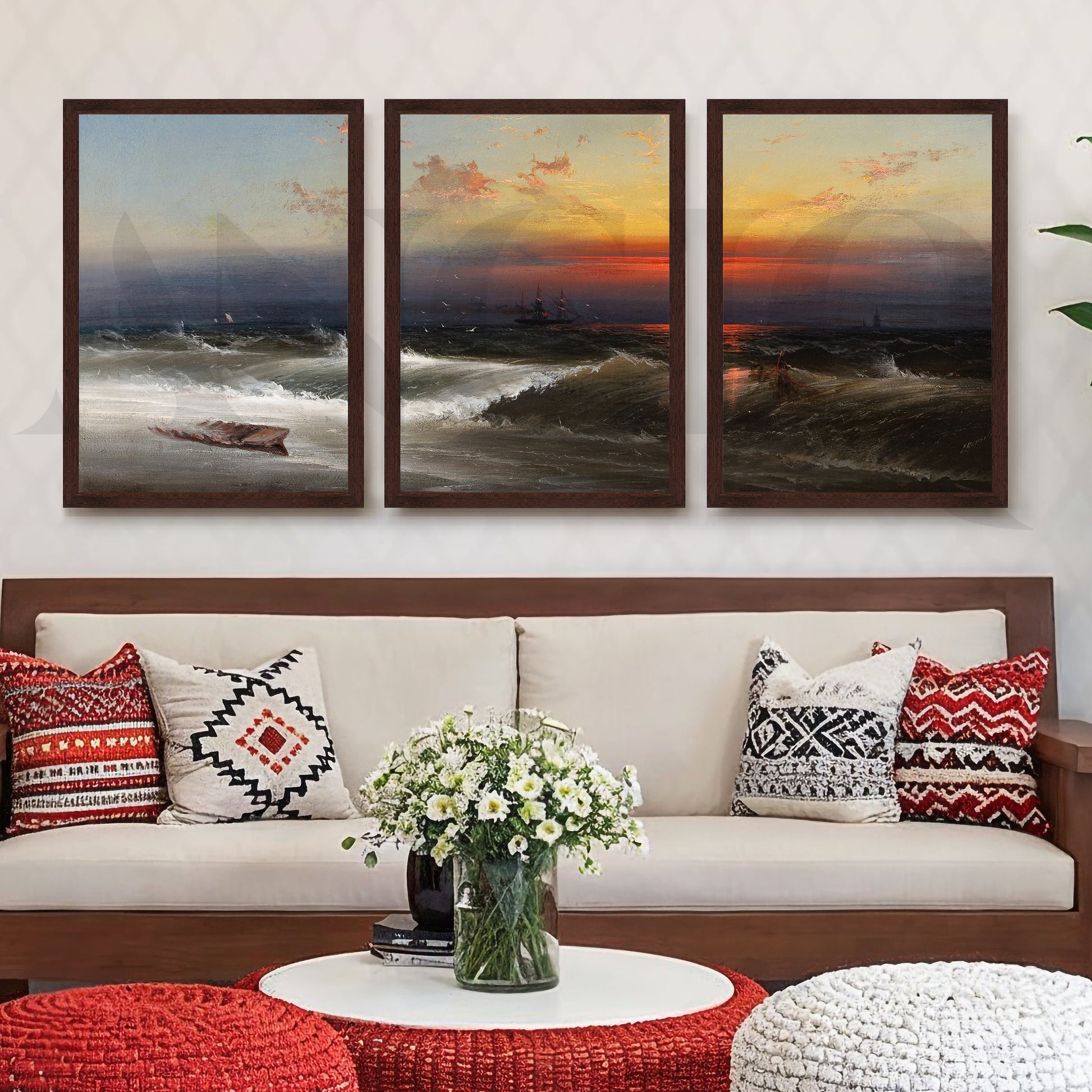 Dramatic Ocean Sunset Gallery Wall – Set of 3 Seascape Artworks - 18 x 24 Inches for Living Room