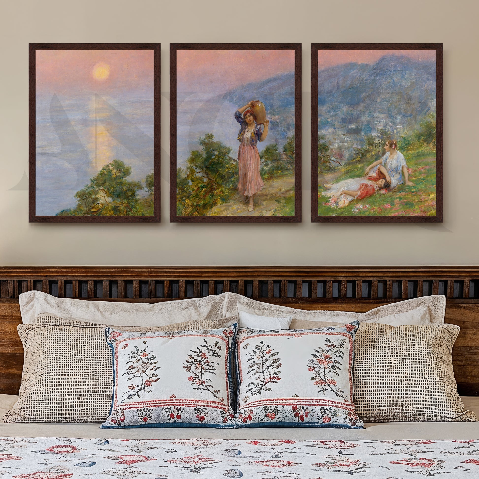 Pastoral Sunset Figures Gallery Wall – Set of 3 Impressionist Landscape Artworks - 18 x 24 Inches for Stylish Bedroom
