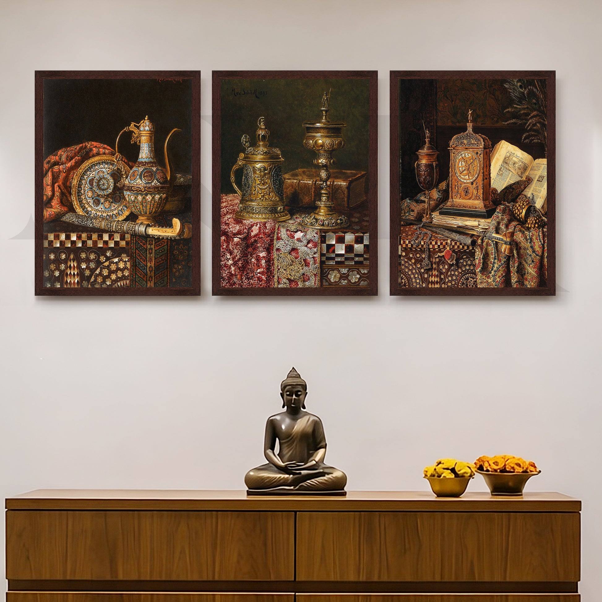 Vintage Antique Artefacts Gallery Wall – Set of 3 Classic Still Life Artworks - 18 x 24 Inches for Entryway/Hallway
