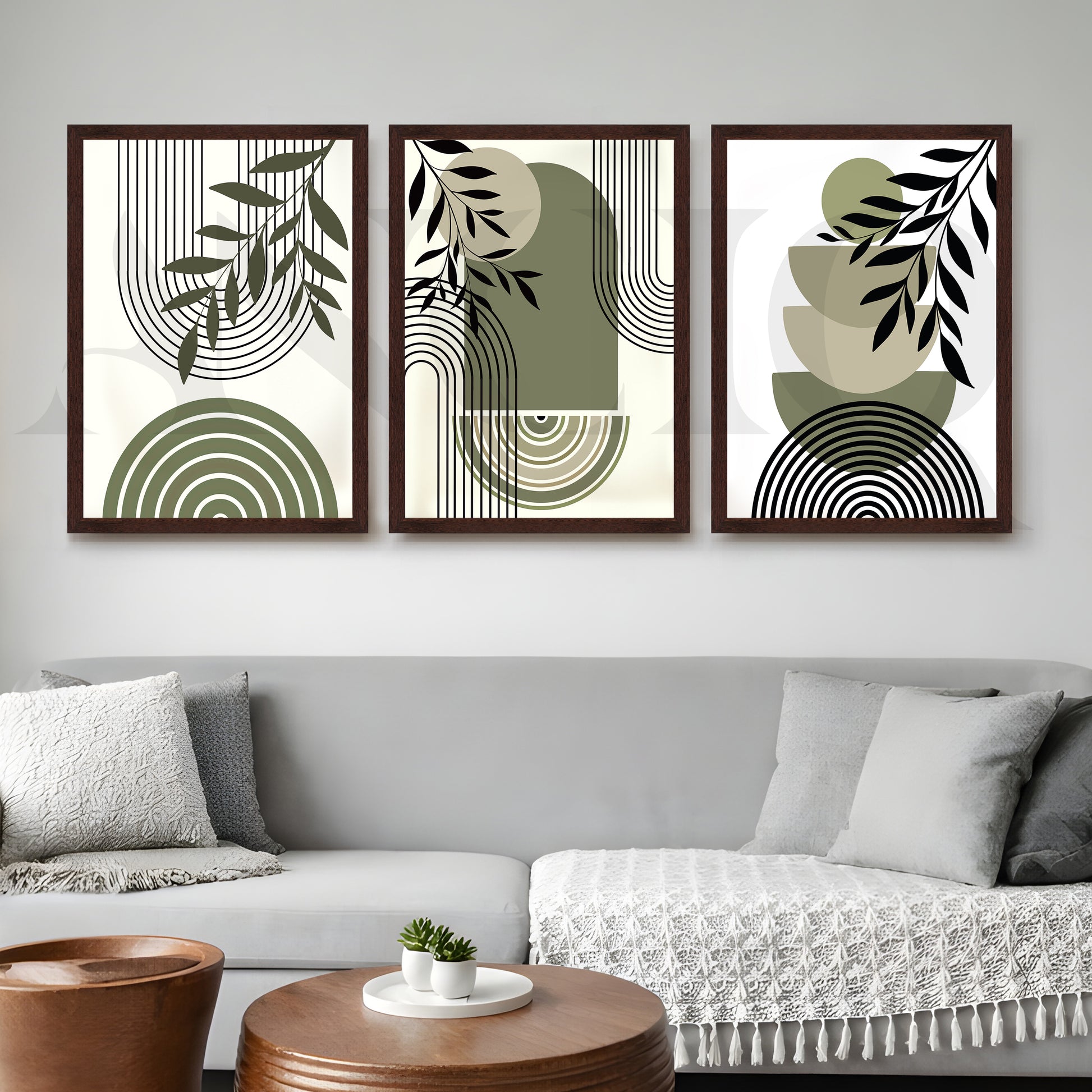 Minimal Botanical Geometry Gallery Wall – Set of 3 Modern Abstract Artworks - 18 x 24 Inches for Living Room