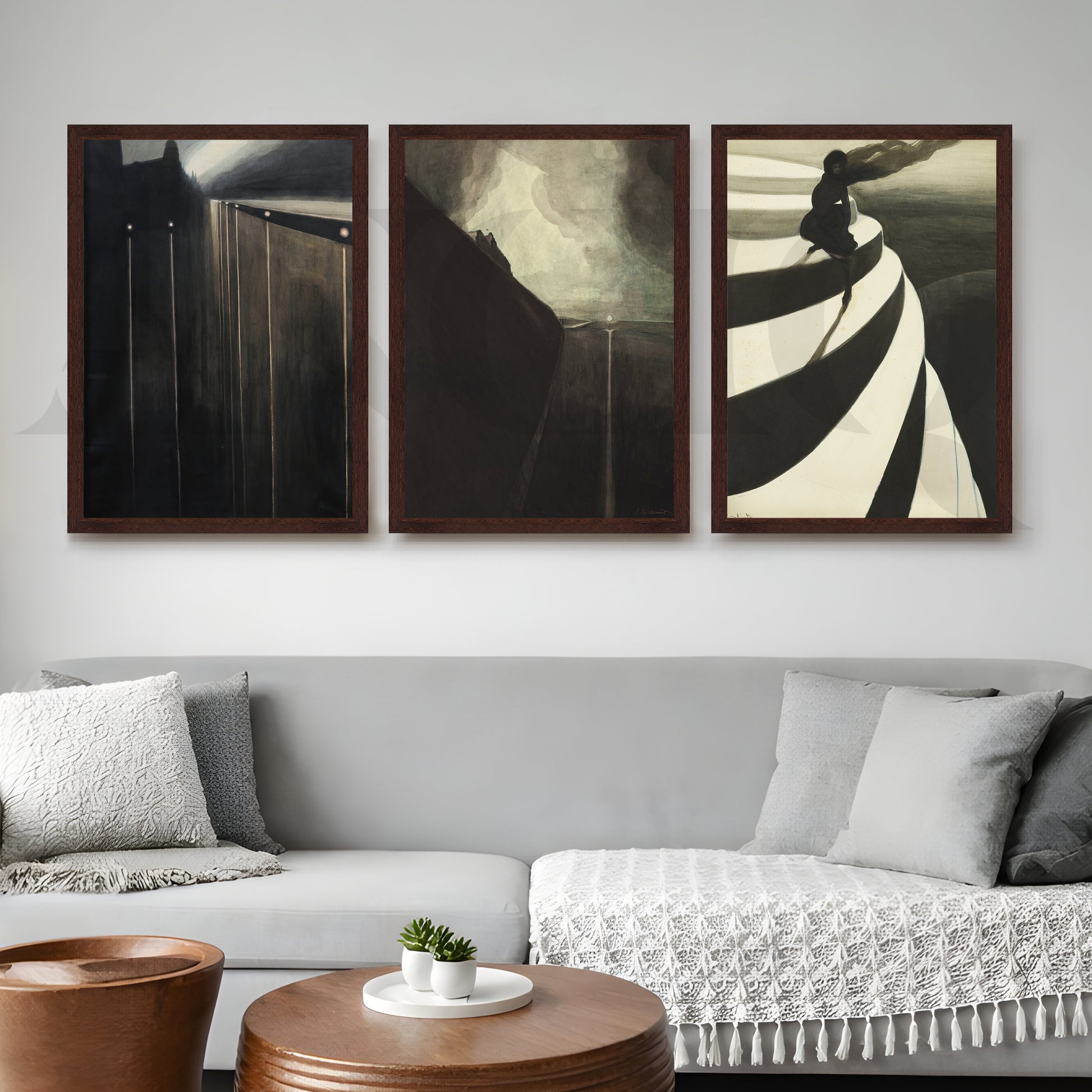 Moody Abstract Noir Gallery Wall – Set of 3 Contemporary Artworks - 18 x 24 Inches for Living Room