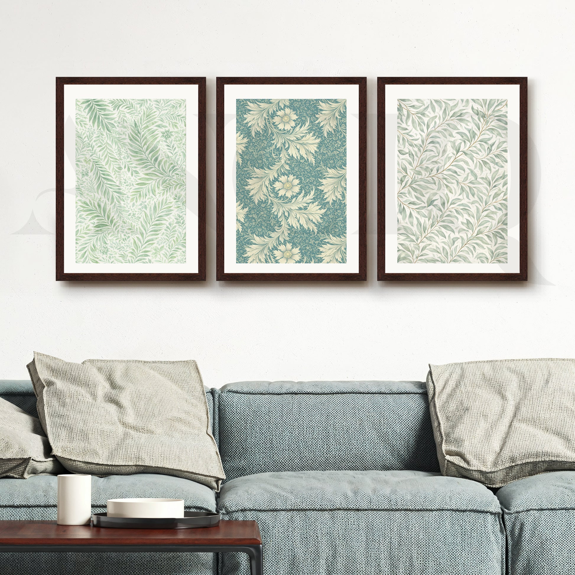 Vintage Botanical Textile Gallery Wall – Set of 3 Pattern Artworks - 18 x 24 Inches for Living Room