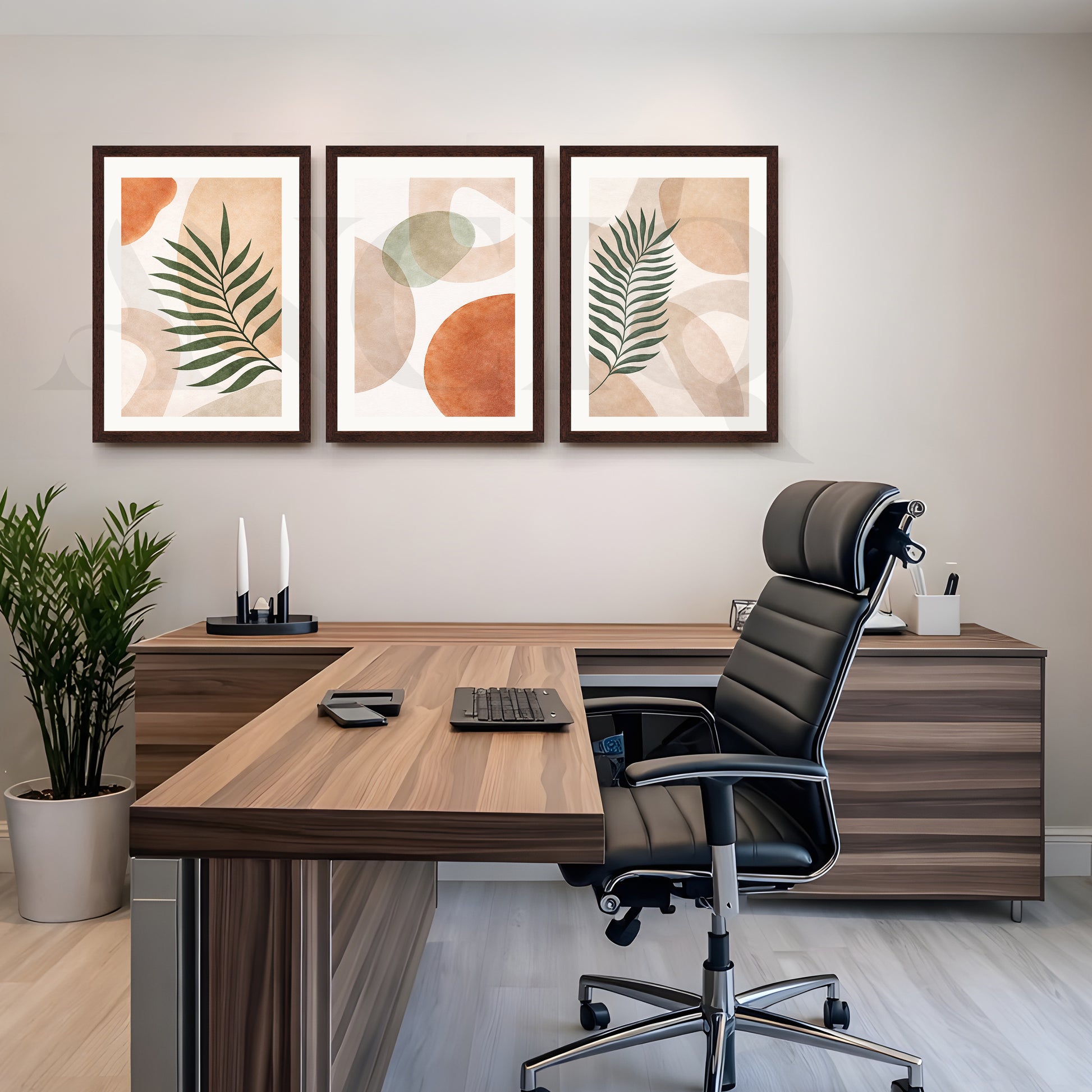 Modern Botanical Abstract Harmony Gallery Wall – Set of 3 Contemporary Artworks - 18 x 24 Inches for Office/Study Room