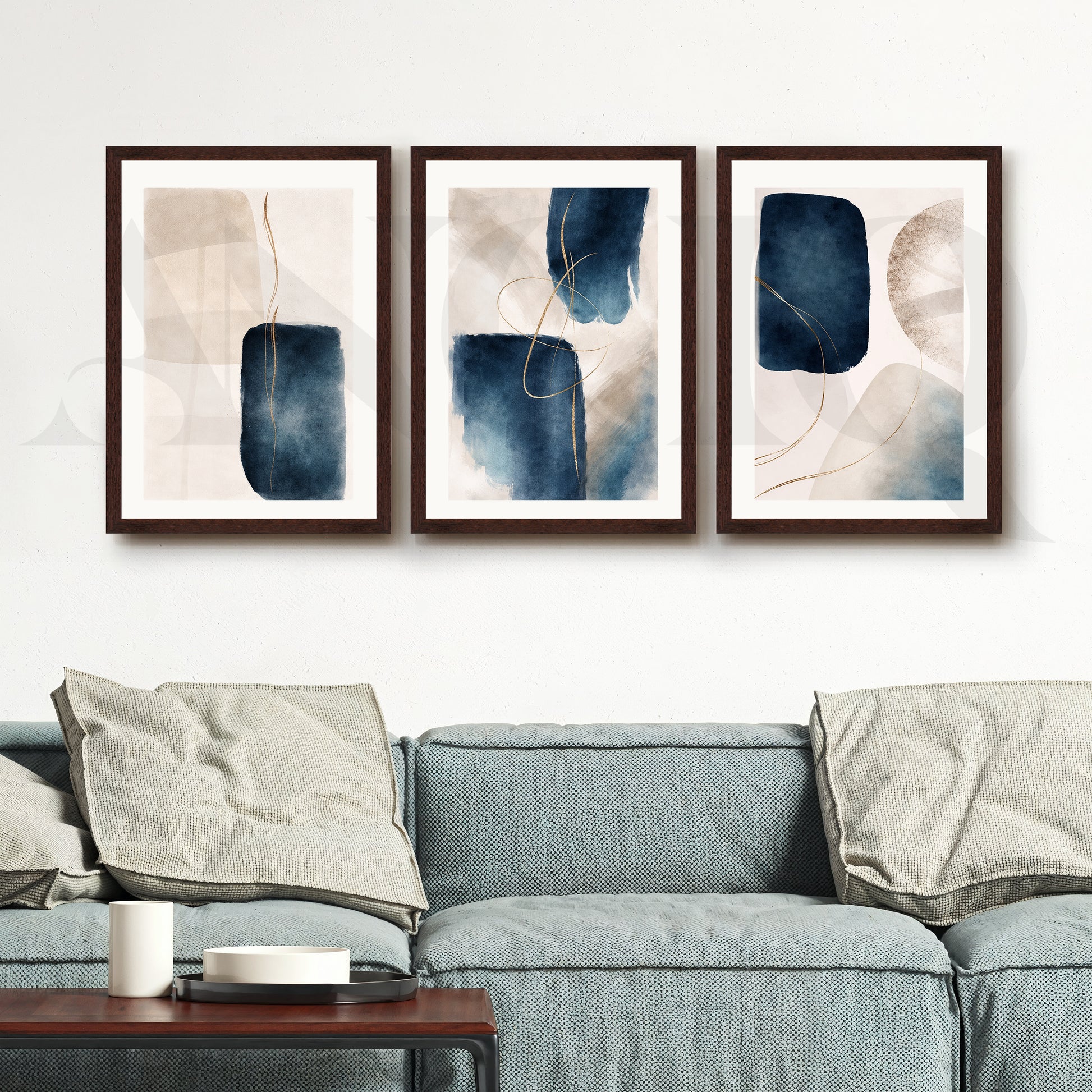 Midnight Blue Fluid Abstraction Gallery Wall – Set of 3 Contemporary Artworks - 18 x 24 Inches for Living Room