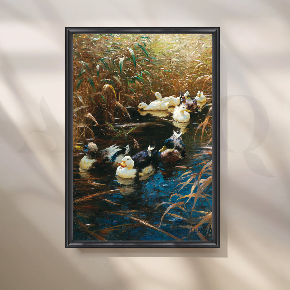 Ducks in Reeds Nature Canvas Artwork with Obsidian Edge Frame Style