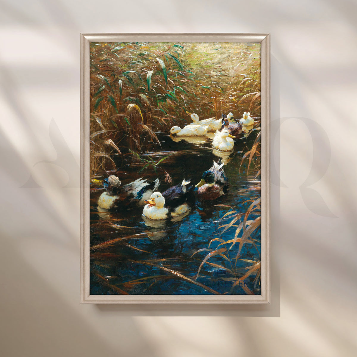 Ducks in Reeds Nature Canvas Artwork with Moonlit Steel Frame Style
