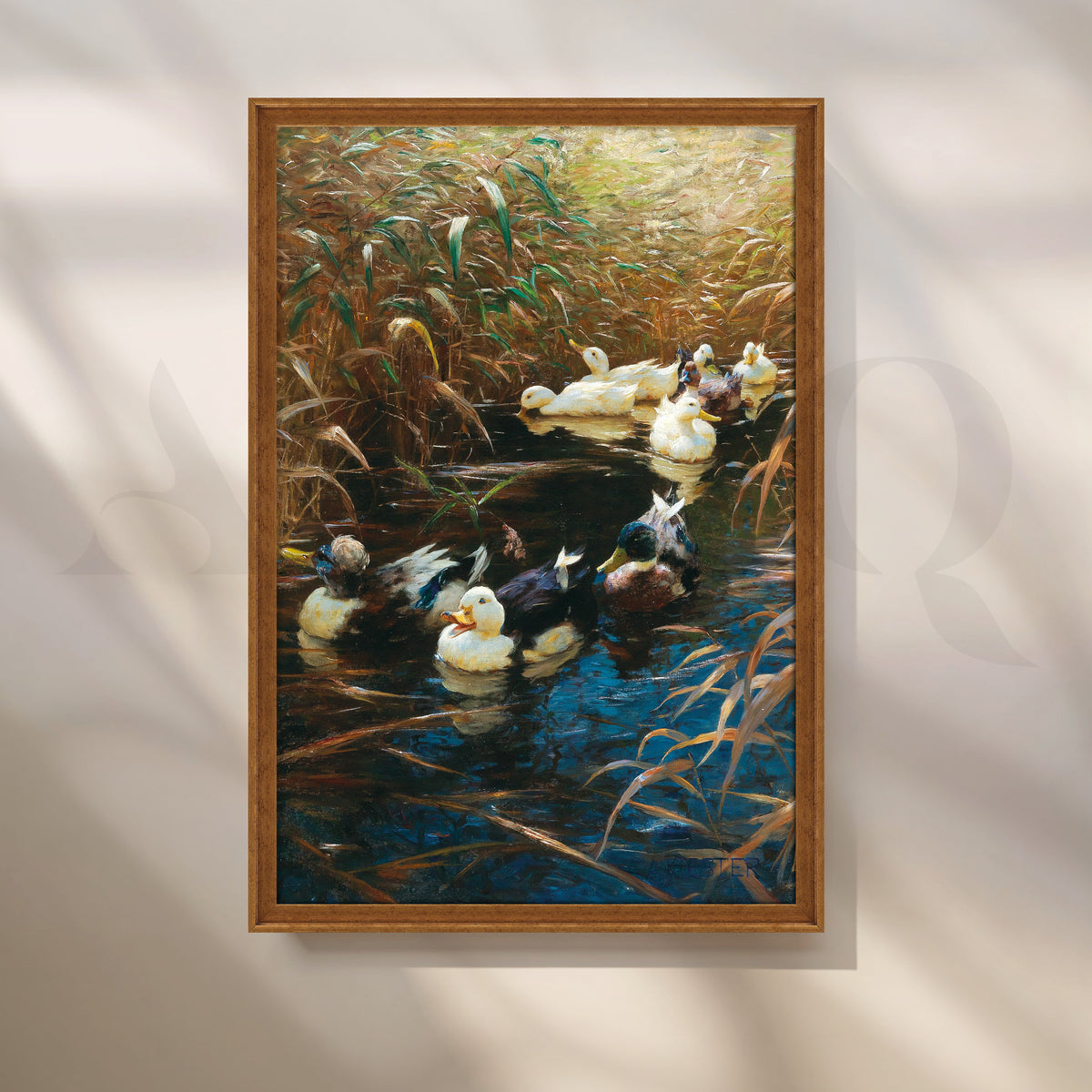 Ducks in Reeds Nature Canvas Artwork with Vitage Ember Frame Style
