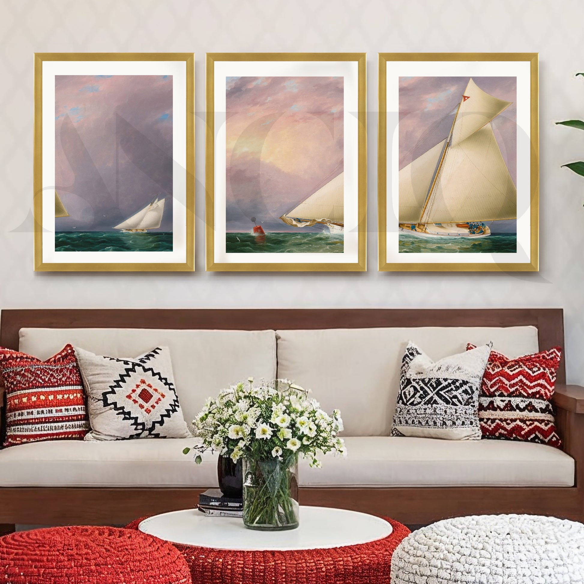 Classic Sailing Regatta Gallery Wall – Set of 3 Nautical Artworks - 18 x 24 Inches for Living Room